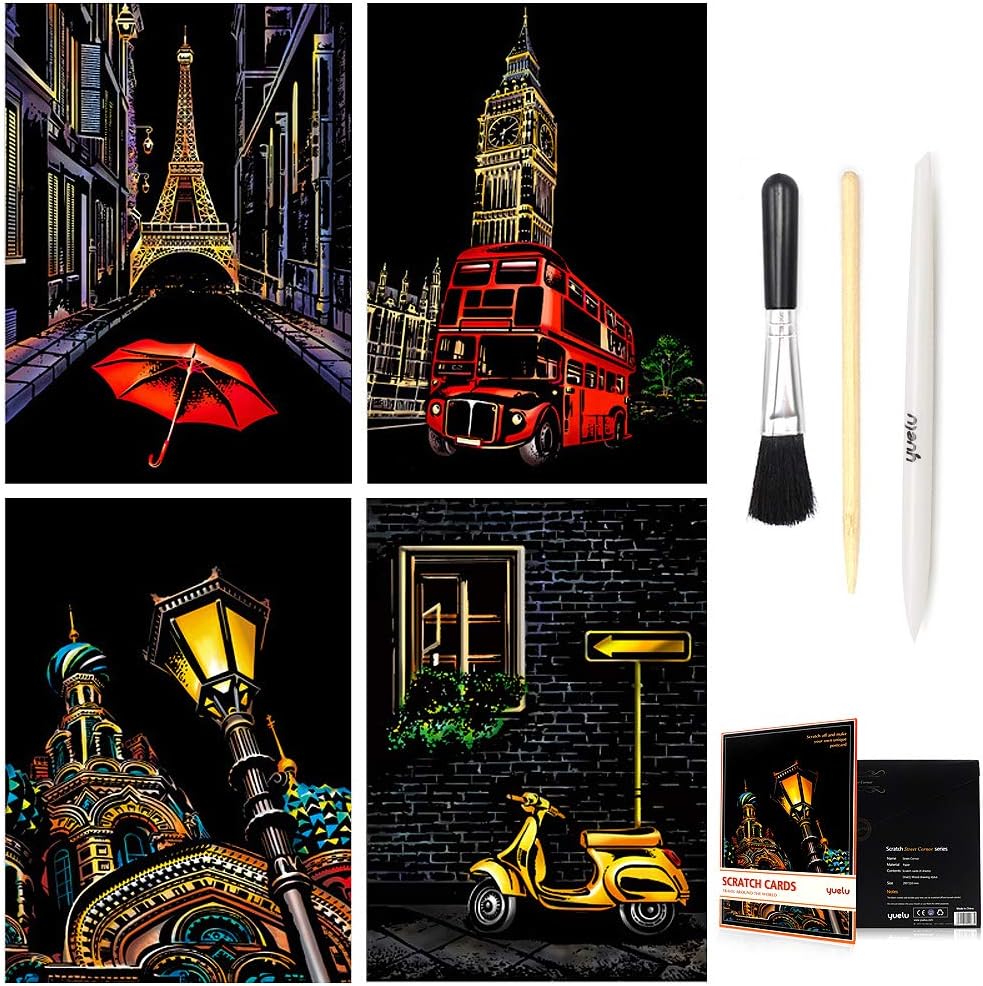 C-pop Scratch Art, Scratch Art Paper DIY Night View Scratchboard for Adult and Kids, with Stylus/Black Brush,8.2''x11.4'' (Street cornor)