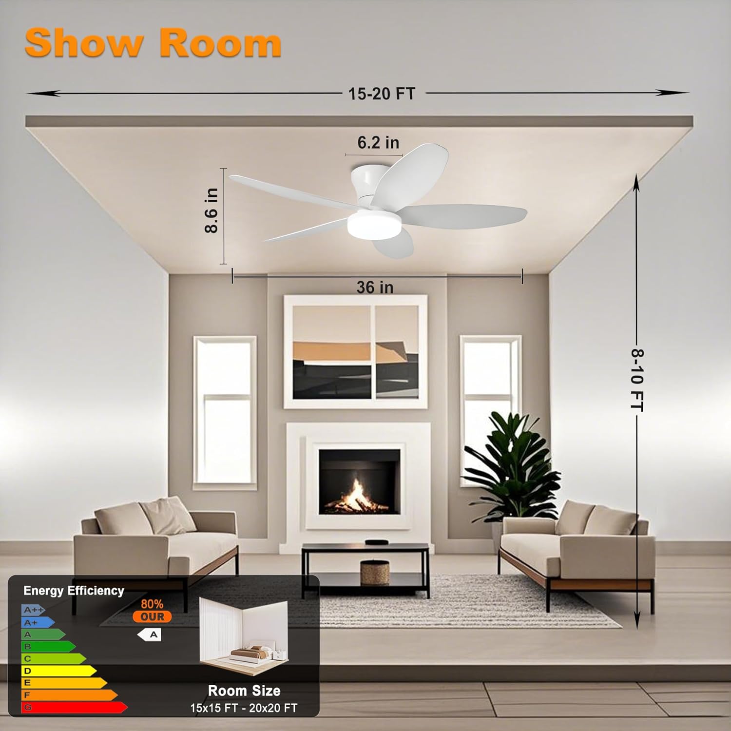 36" Low Profile Ceiling Fan with Lights & Remote - 6-speed wind, Dimmable 3-Color LED, Reversible DC Motor, Timer, Memory Function, Ultra Quiet for Bedroom/Living Room/Patio (White)