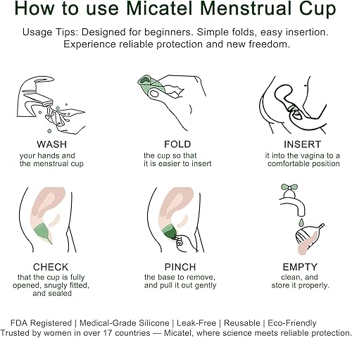 Miniatura 7 de Micatel Copa menstrual suave pequeña Taza de silicona reutilizable de primera calidad Comodidad sin fugas de 12 horas, fácil inserción y