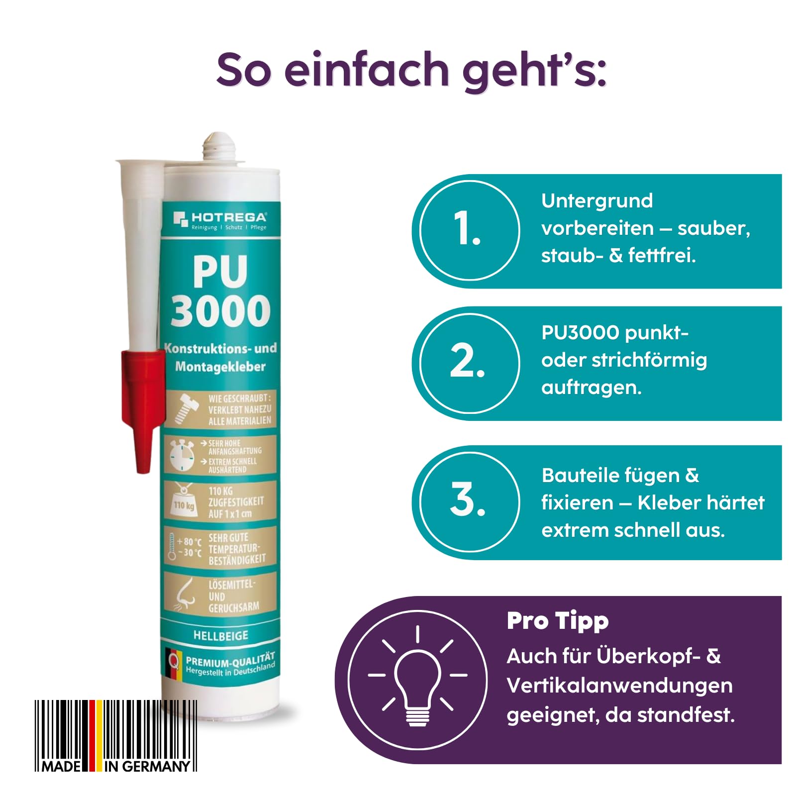 HOTREGA PU 3000 Montagekleber 4x 310 ml | Konstruktionskleber Hellbeige | Extrem schnelle Aushärtung | Für Holz, Naturstein, Metall & Beton | Wasserfest, Witterungsbeständig & Überlackierbar