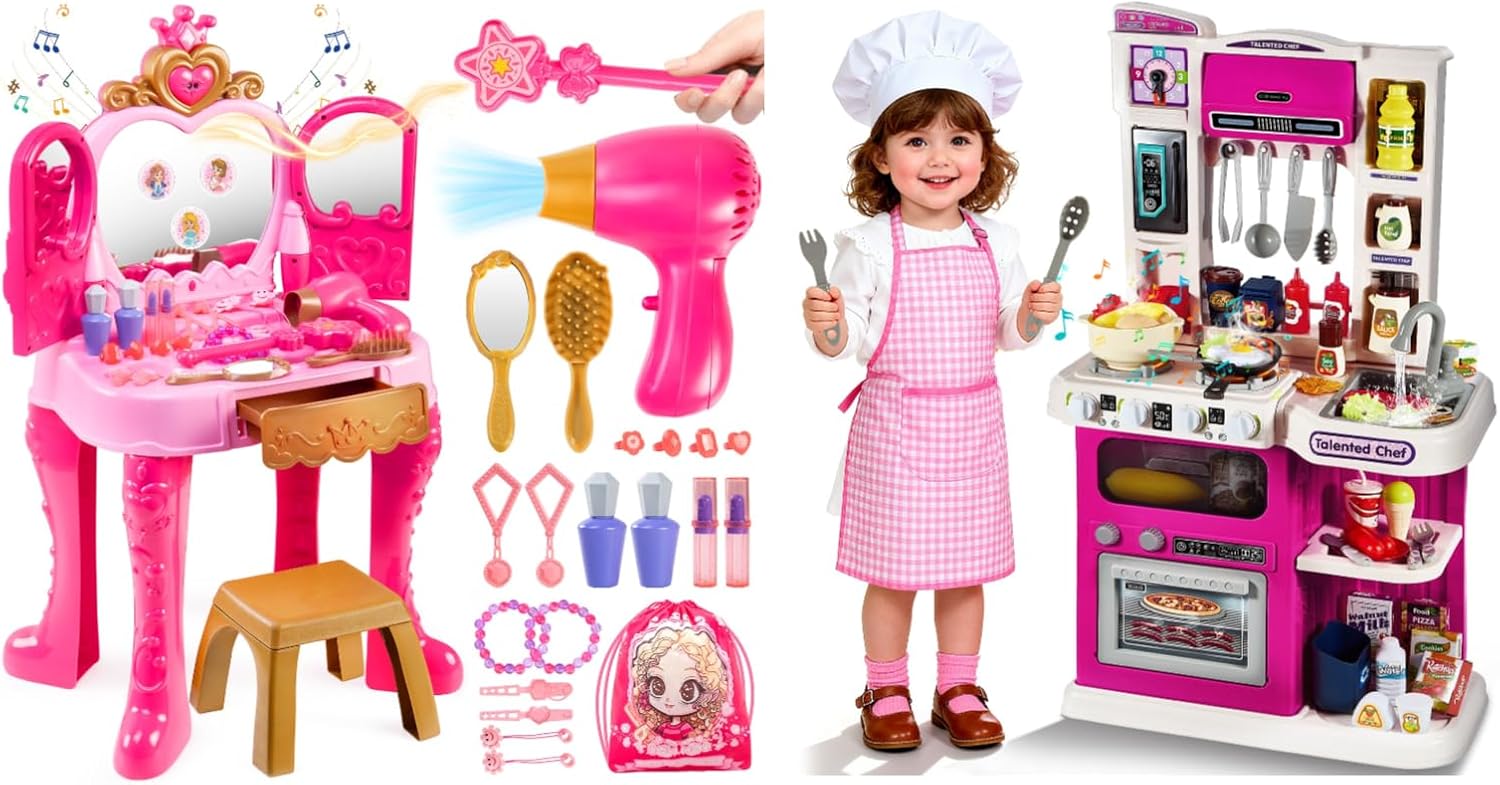 Toddler Girls Vanity Makeup Table and Kids Kitchen Playset
