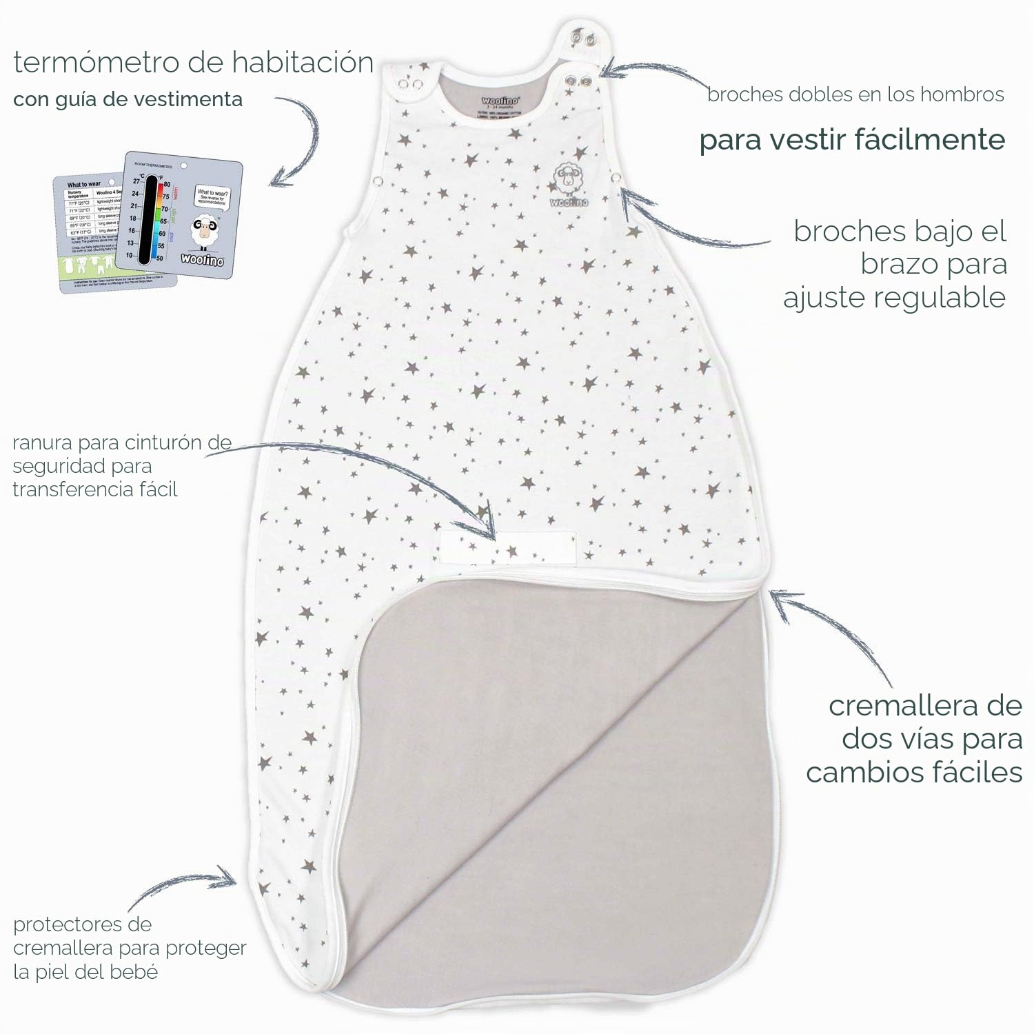 Woolino Saco de Dormir 4 Estaciones - Lo último en lana merina Saco de dormir - Saco de Dormir con Cremallera Ajustable en Dos Direcciones de Tamaño Universal para Bebé (2-24 Meses)