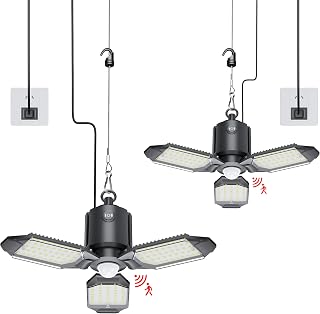 Motion Sensor Garage Light Plug in, 8000LM Shop Light 3 Modes, 3 Deformable LED Panels, 6500K Indoor Motion Sensor Light Bulb for Garage, Barn, Basement (2 Pack)
