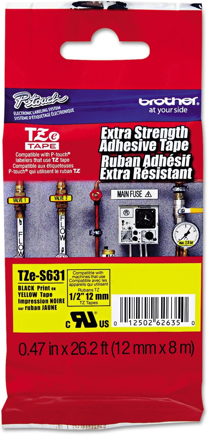 Brother 1/2 Inch x 26.2 Feet Black on Yellow Laminated Tape with Super Strong Adhesive (TZS631)