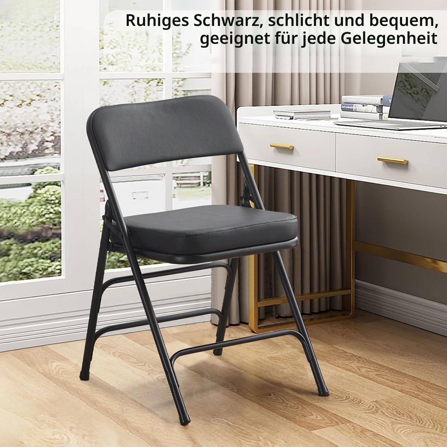 BOOSDEN Gepolsterter Klappstuhl mit dickem Kissen, robuster Metall-Klappstuhl für Outdoor & Indoor & Essen & Party, Schwarz, 1 Pack