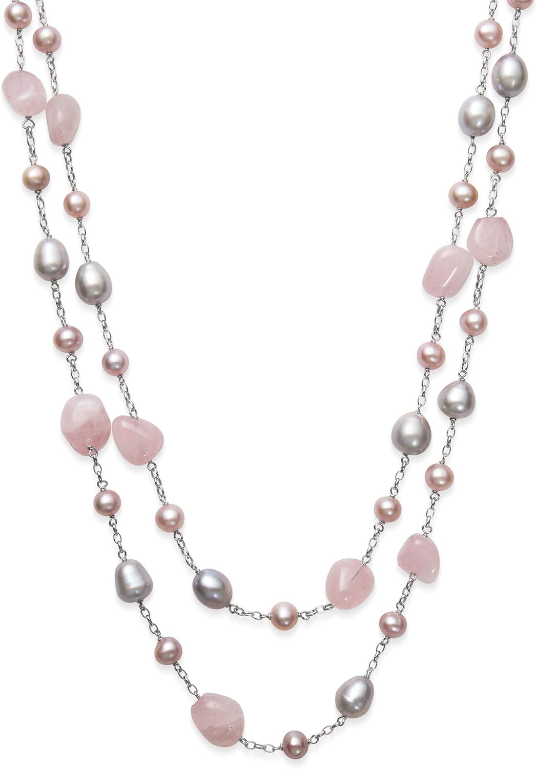 Belacqua Natural Aquamarine or Rose Quartz Cultured Freshwater Pearl Layered Station Necklace in Sterling Silver, Multi-Strand 18" Rolo Chain, Real Pearl Jewelry for Women, Gift Box Included