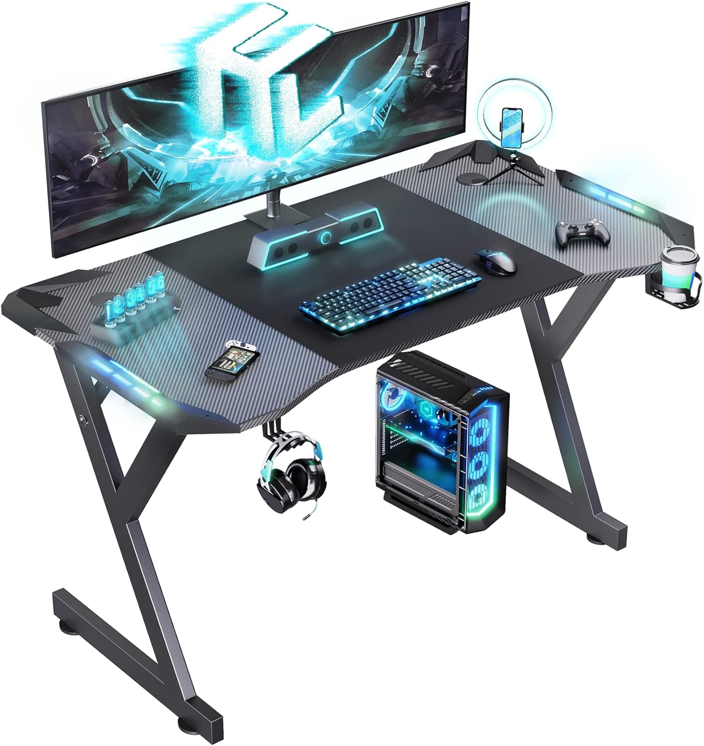 HLDIRECT 47 Inch Gaming Desk with LED Lights, Ergonomic