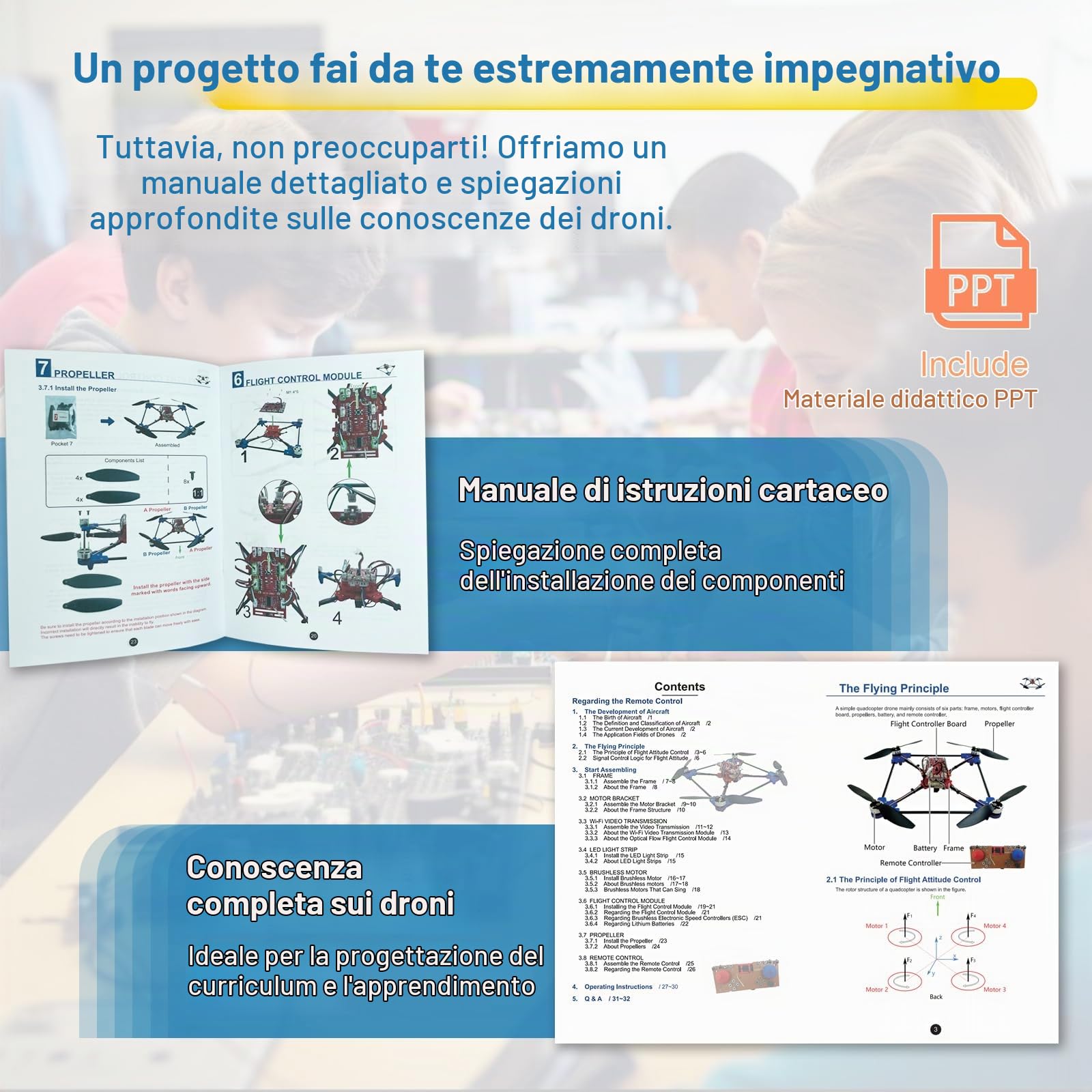 Kit fai da te per drone quadrotore: un progetto STEM unico con motore brushless, flusso ottico in bilico, decollo e atterraggio con un clic e rotazione a 360° per gli appassionati di fai da te per
