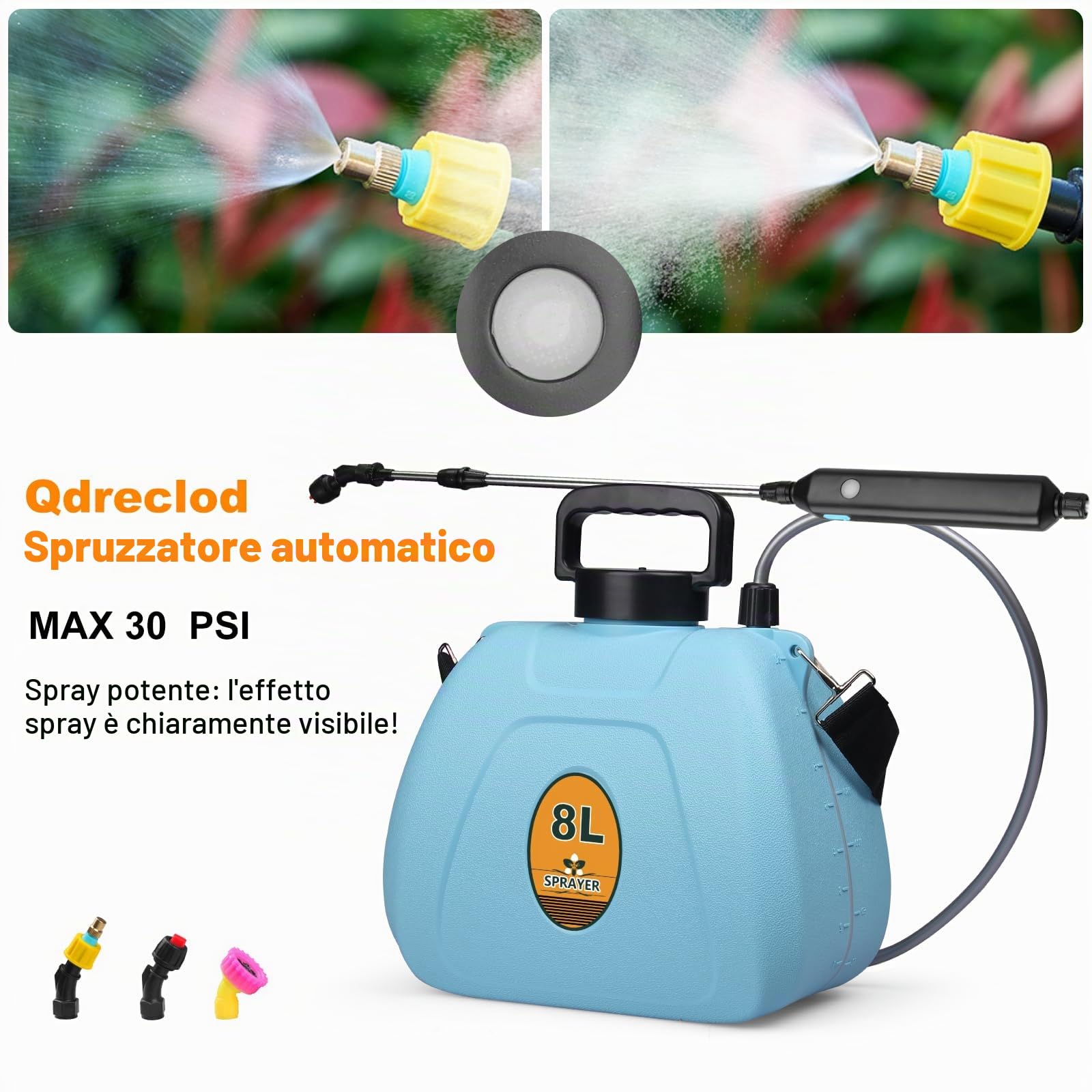 Nebulizzatore Giardino a Batteria 8L, Spruzzatore Elettrico a Pressione con Lancia Telescopica e 3 Ugelli, 1500mAh Ricaricabile per Diserbo, Irrigazione, Disinfezione, Pulizia Tetto e Auto
