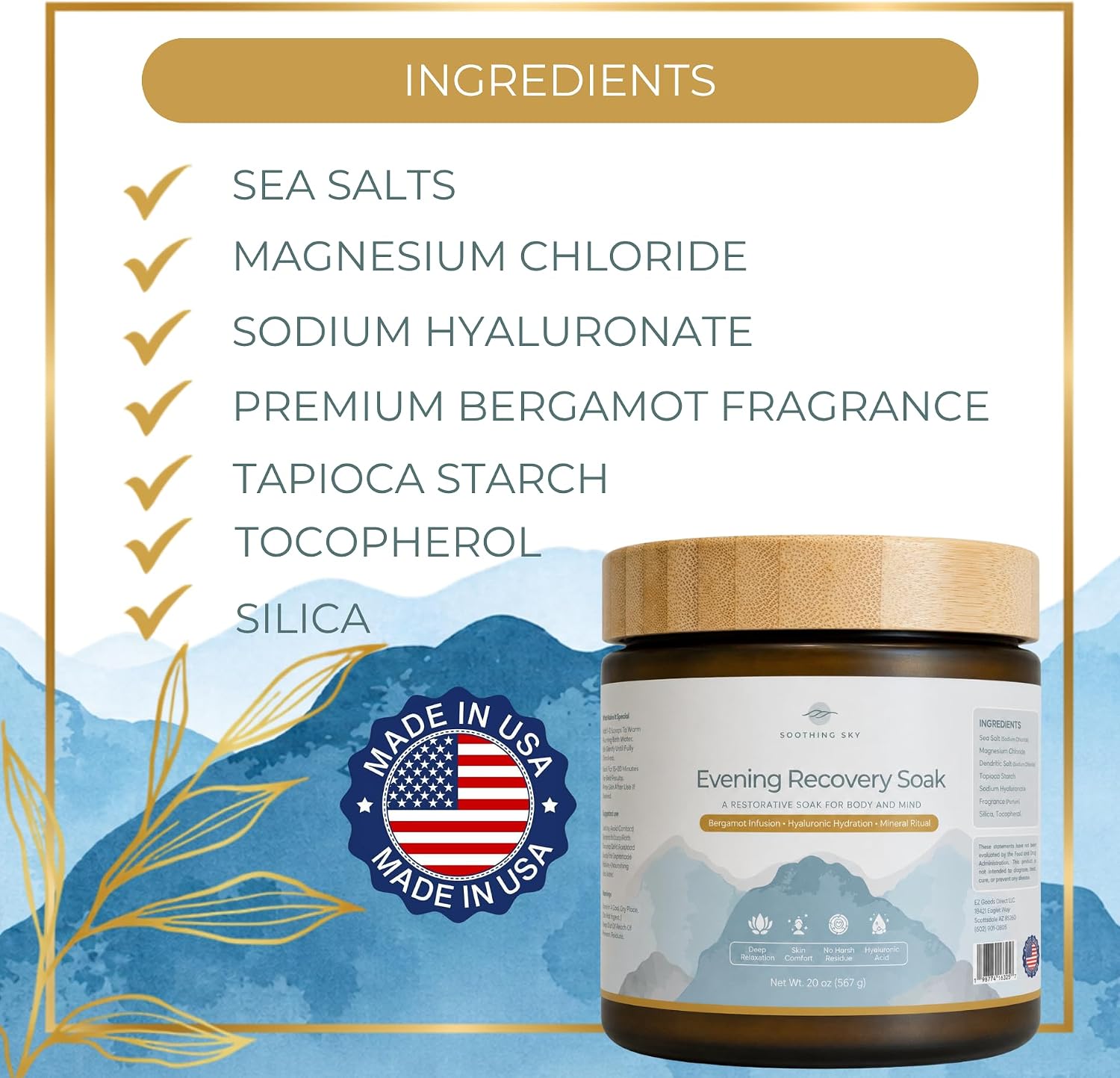 Hyaluronic Acid Magnesium Sea Salt Soak: Bergamot Luxury Bath Salts, Post-Workout Recovery for Tired Muscles, Premium Spa-Inspired Self Care Ritual, Calming Relaxing Skin Comfort & Stress Relief