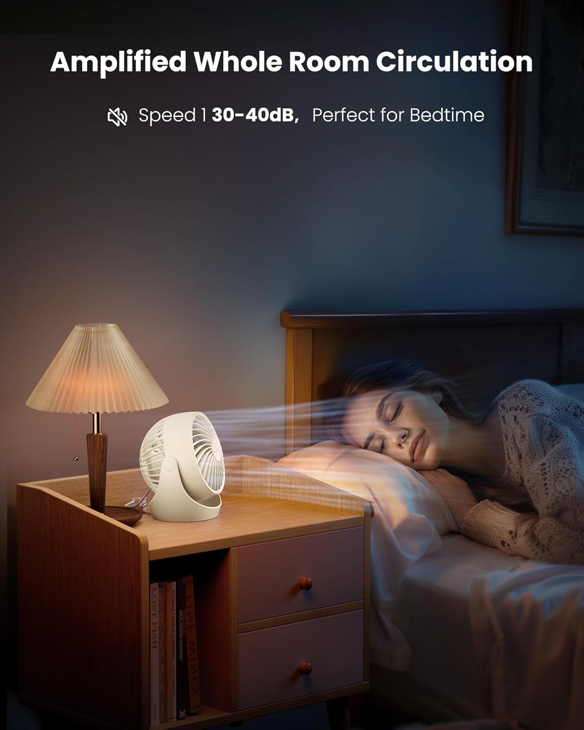 Gaiatop AF-01 Desk Fan on a bedside table with a person sleeping, highlighting quiet operation