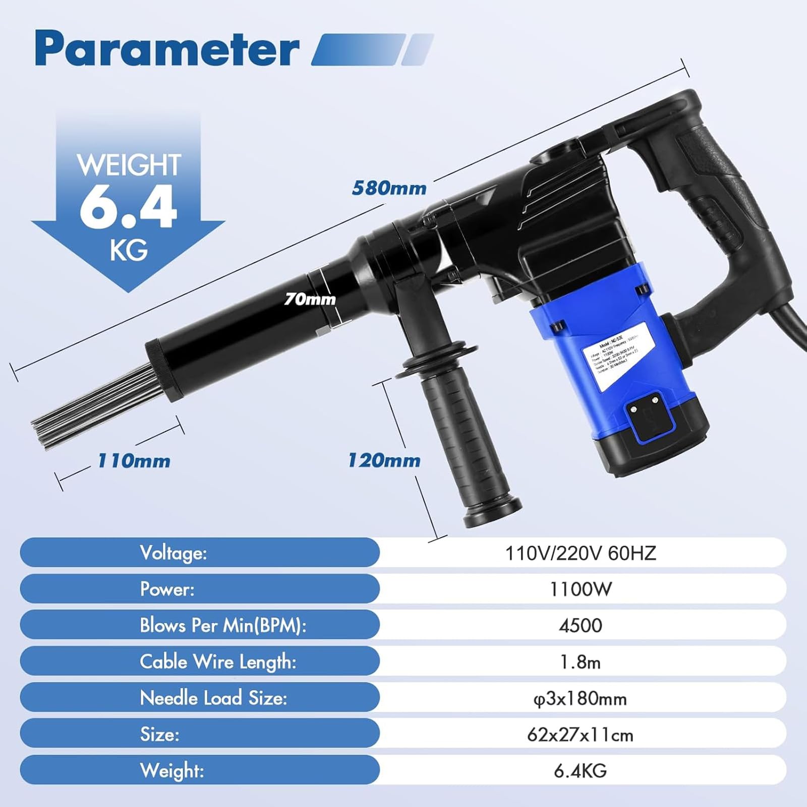 Aetherion Desincrustador Eléctrico De Agujas, Pistola De Agujas De 1100 W, Herramienta para Eliminar Óxido, Dispositivo De Desincrustación con 100 Agujas, para Óxido, Escoria De 220V