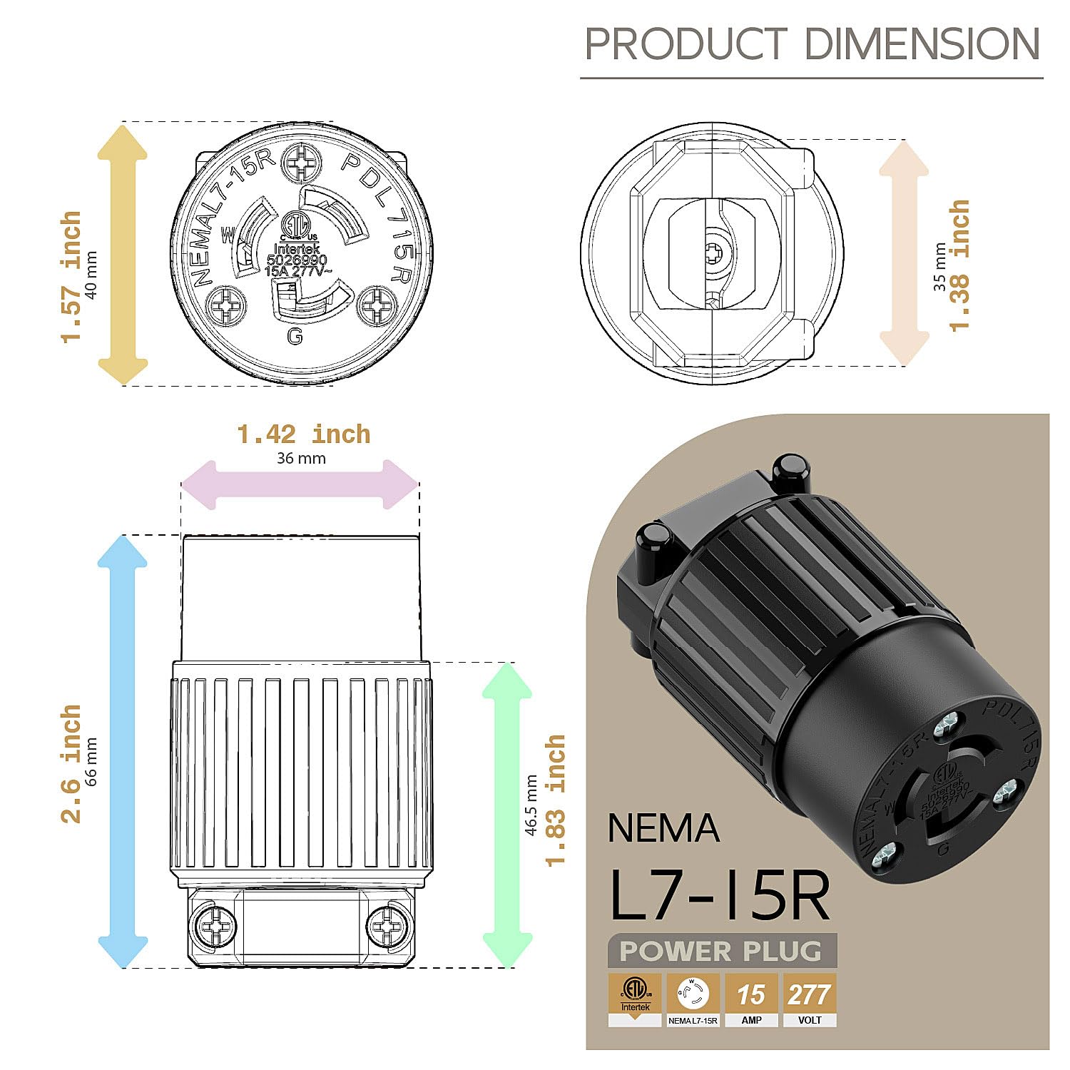Amazon.com: NEMA L7-15R Twist Lock Female Receptacle, ETL Listed