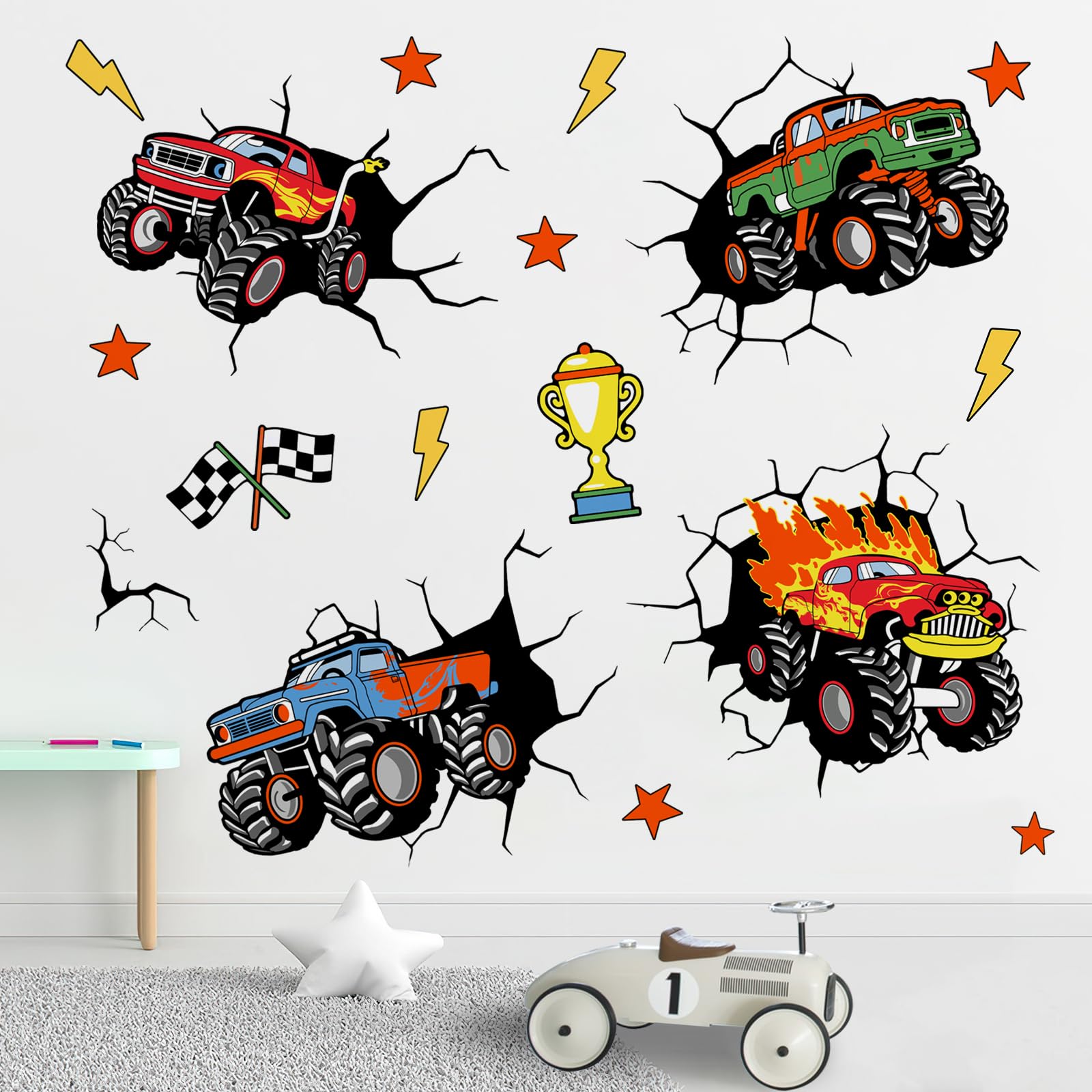 Yovkky 3D Racing Cars Wall Decals Stickers, Trucks Vehicles Break Through Toddler Baby Nursery Decor, Trophy Flags Stars Lightning Home Decorations