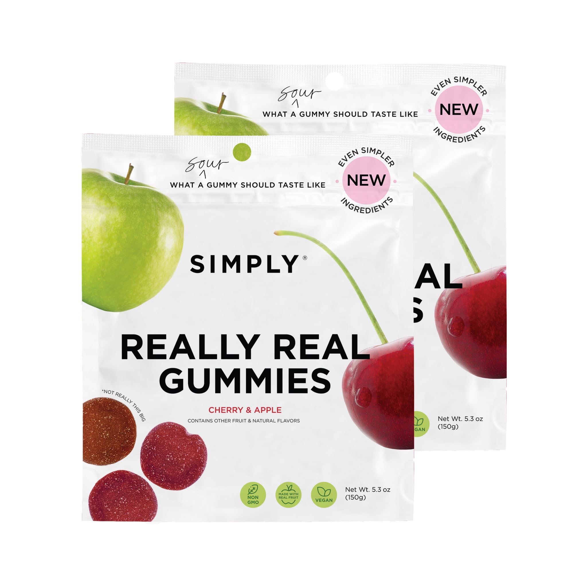 SIMPLY Really Real Gummies | Made with Real Fruit | Sour Cherry & Apple Fruit Bites | 5.3 oz (Pack of 2) | No Cane Sugar + Gluten Free + Kosher