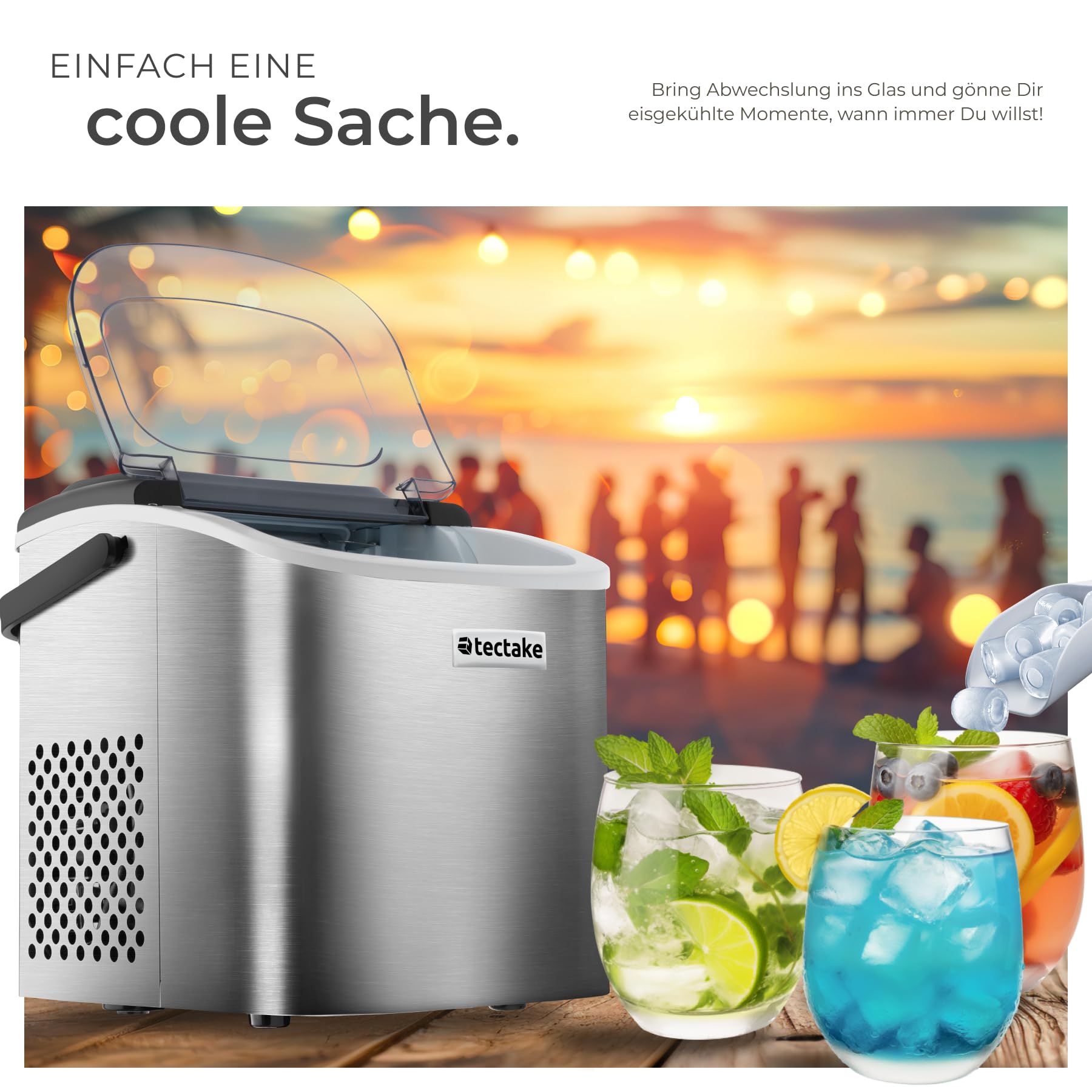 tectake® Eiswürfelmaschine, Ice Maker mit Griff, Eiswürfelbereiter, Maschine bereitet 9 Würfel in 6min, 12kg in 24h, 1,2 l Volumen, 2 Eiswürfelgrößen, selbstreinigend, mit Eisschaufel, Bar - silber