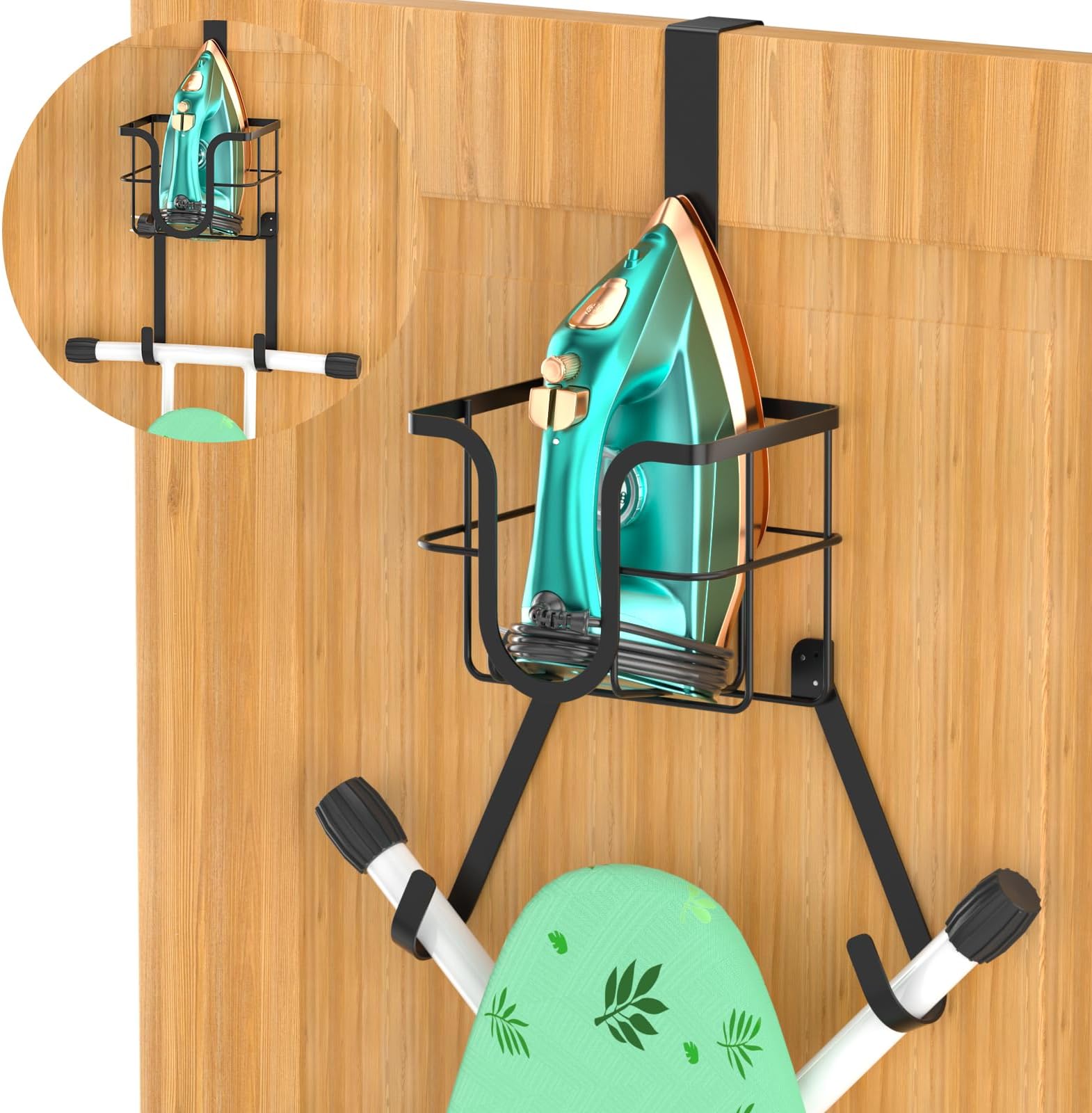 Ironing Board Wall Mount, Ironing Board Holder Over Door Hanging Bracket Wall, Iron with Ironing Board Wall Mounted Holder Space Saving Basket and Removable Hooks for Laundry Room – Black
