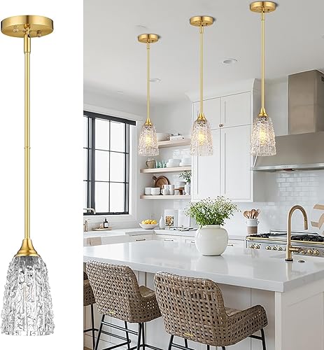 Luces colgantes de cristal para isla de cocina, 1 luz de oro cepillado con vidrio martillado y varillas, moderna lámpara colgante de granja pequeña