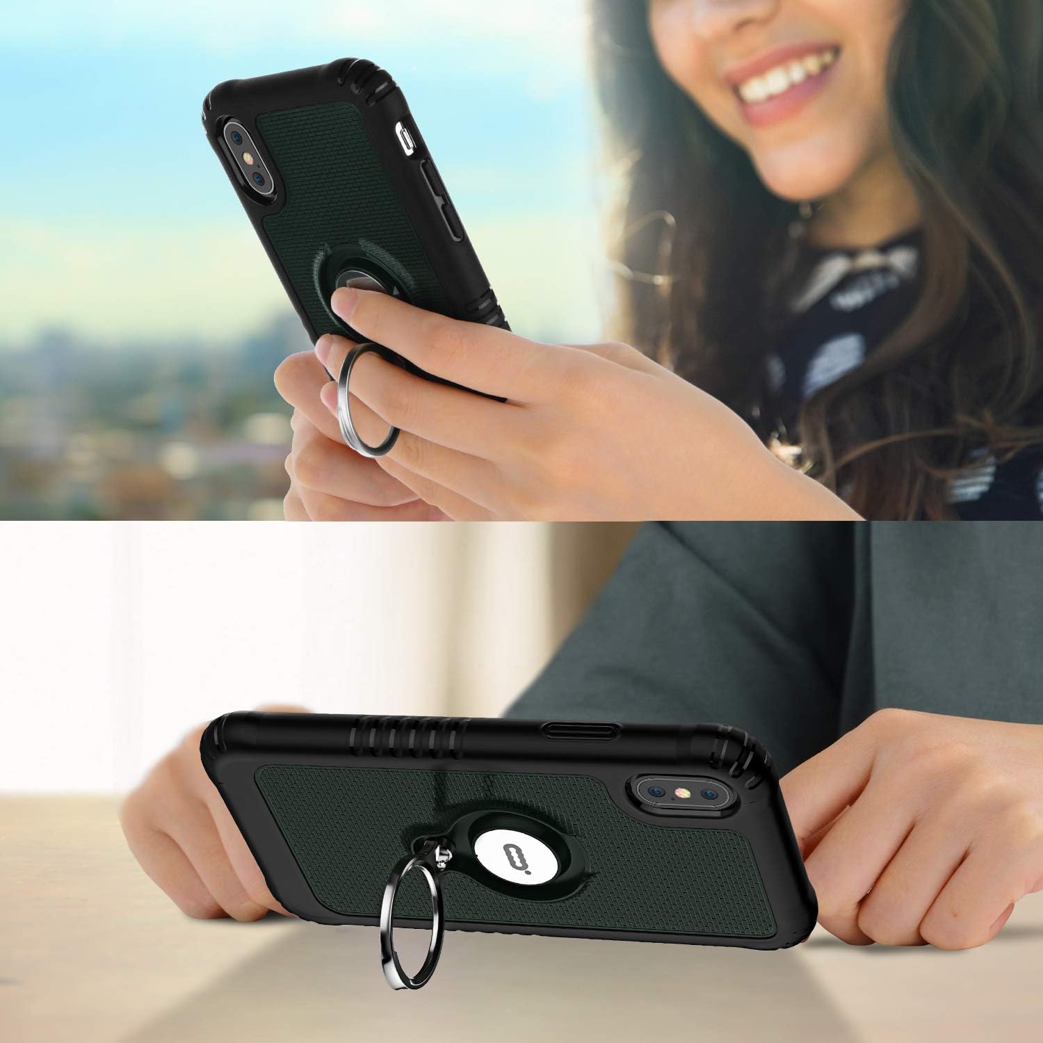 ICONFLANG Compatible Phone Case for iPhone Xs Max 6.5" with Ring Kickstand 360 Degree Rotating Drop Airbag Protection Shock Absorption Case [Compatible Magnetic Car Mount case] (Dark Green)