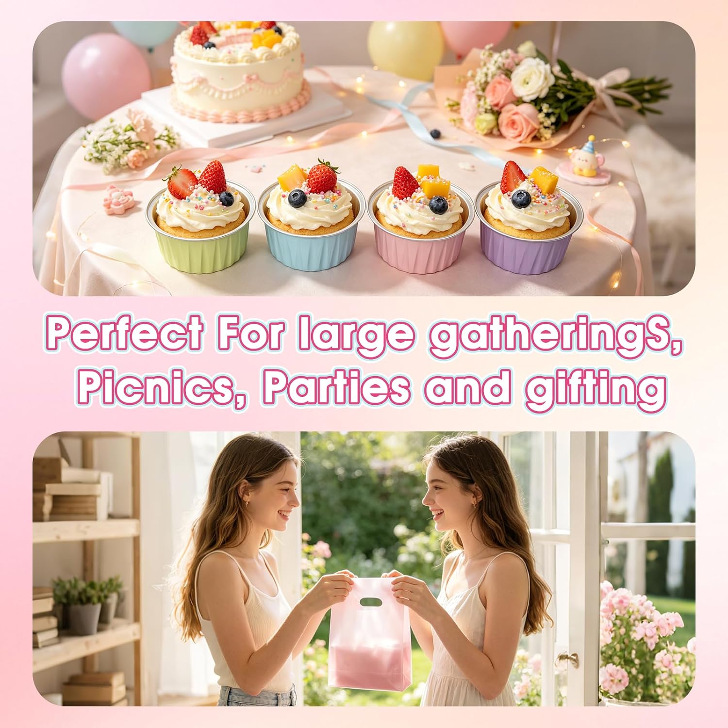 60 Pack Macaron Mini Loaf Pans with Lids and Spoons,6.8oz Disposable Aluminum Foil Cake Pans, Individual Dessert Baking Cups with Stickers and Gift Bags for Baby Shower Party (60, Round)