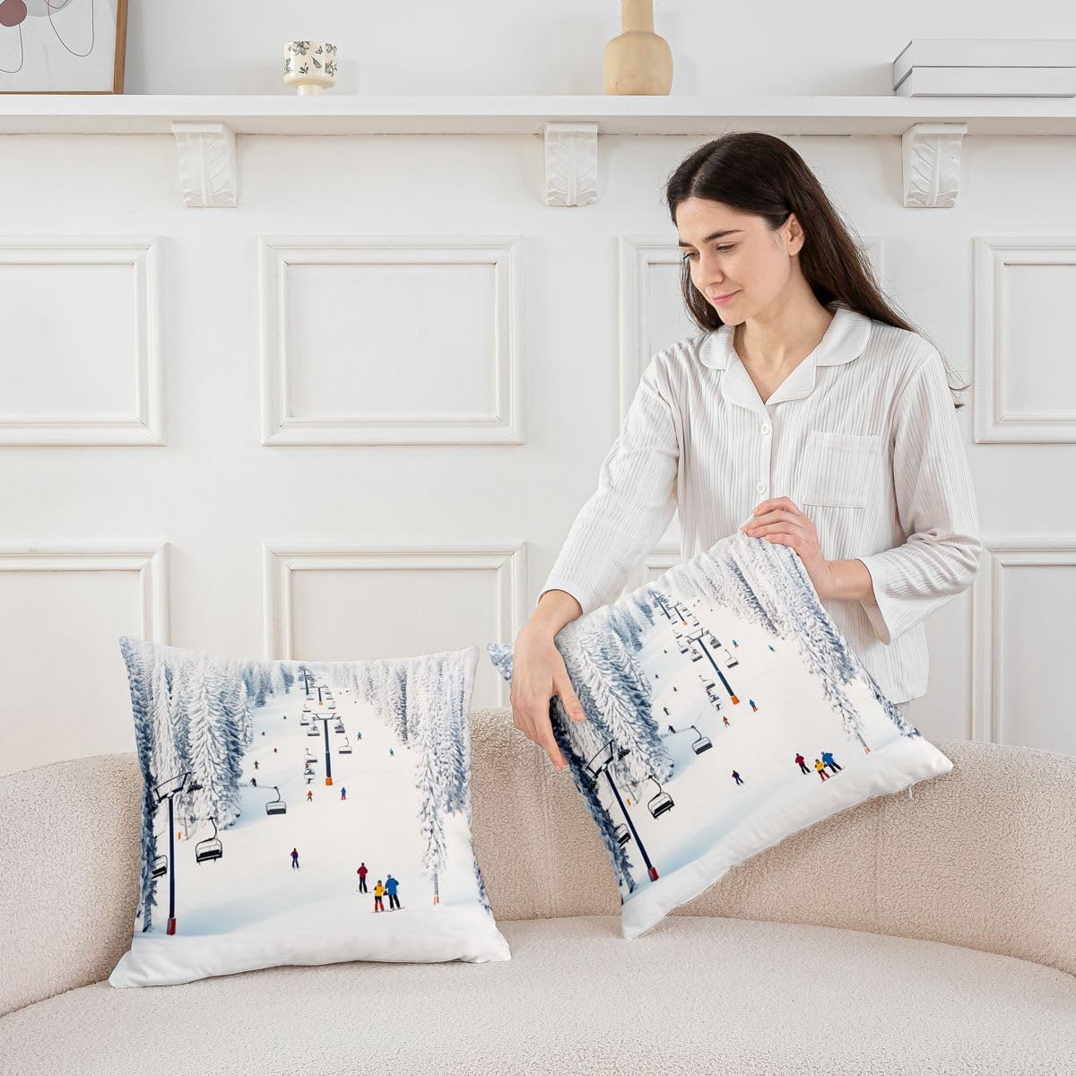 Homewish Skiing Throw Pillow Covers (Pack of 2),Cable Car Snow Mountain Cushion Cover for Kids Boys Teens Winter Ski Sport Pillow Cases Skiing Lovers Living Room Sofa Bed Decor,20" Lx20 W image 3