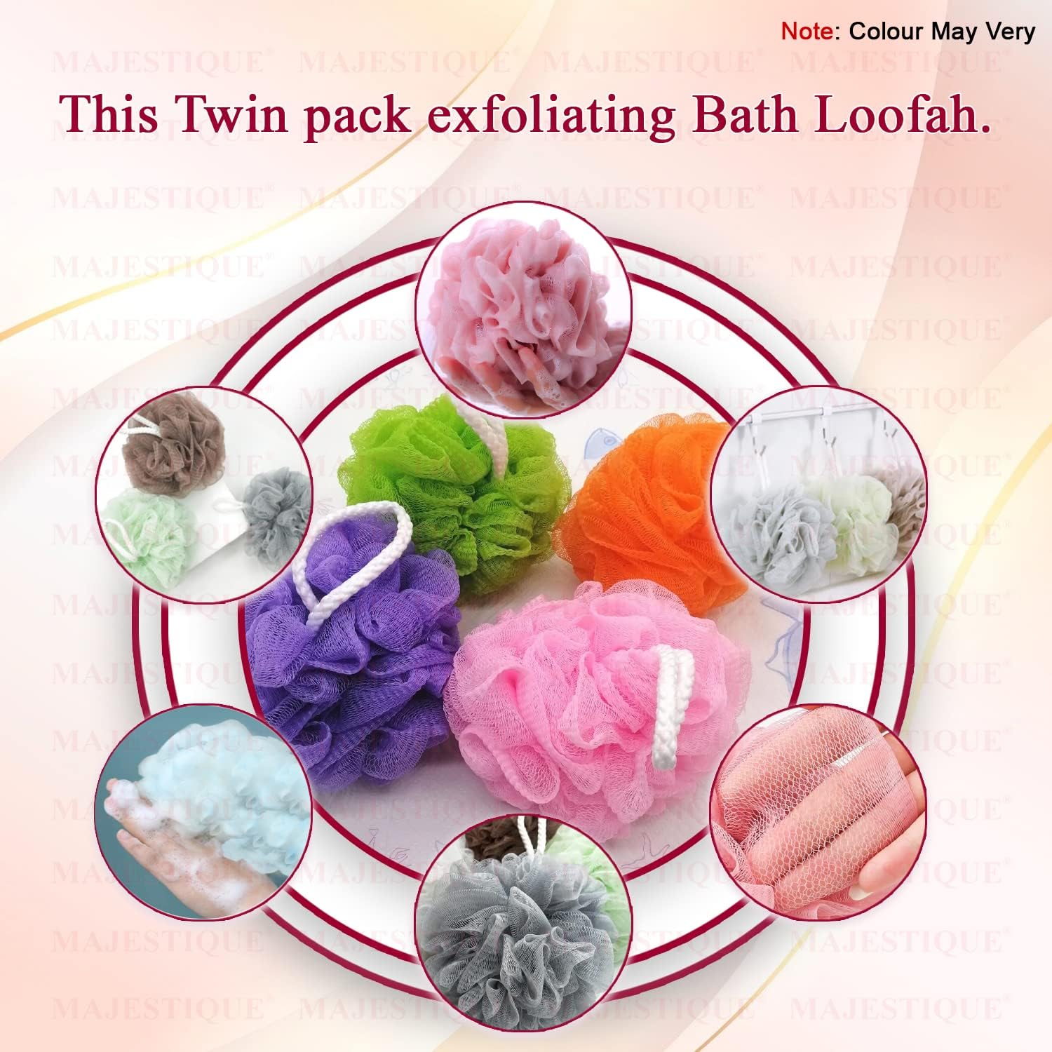 Majestique Twin Pack Exfoliating Bath Loofah super soft Mesh Exfoliating Back Scrubber Body Shower Sponge Random Colours value pack best for men and women (Pack of 2)