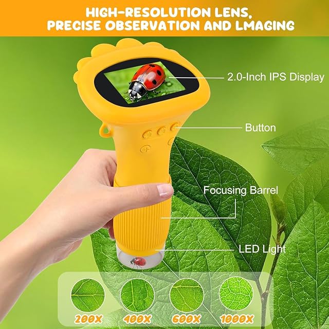 Foto 6 de 7 de Talifoca Microscopio de mano para niños, 1000x Zoom, Pantalla IPS HD de 2 pulgadas, LED, Amarillo, Plástico