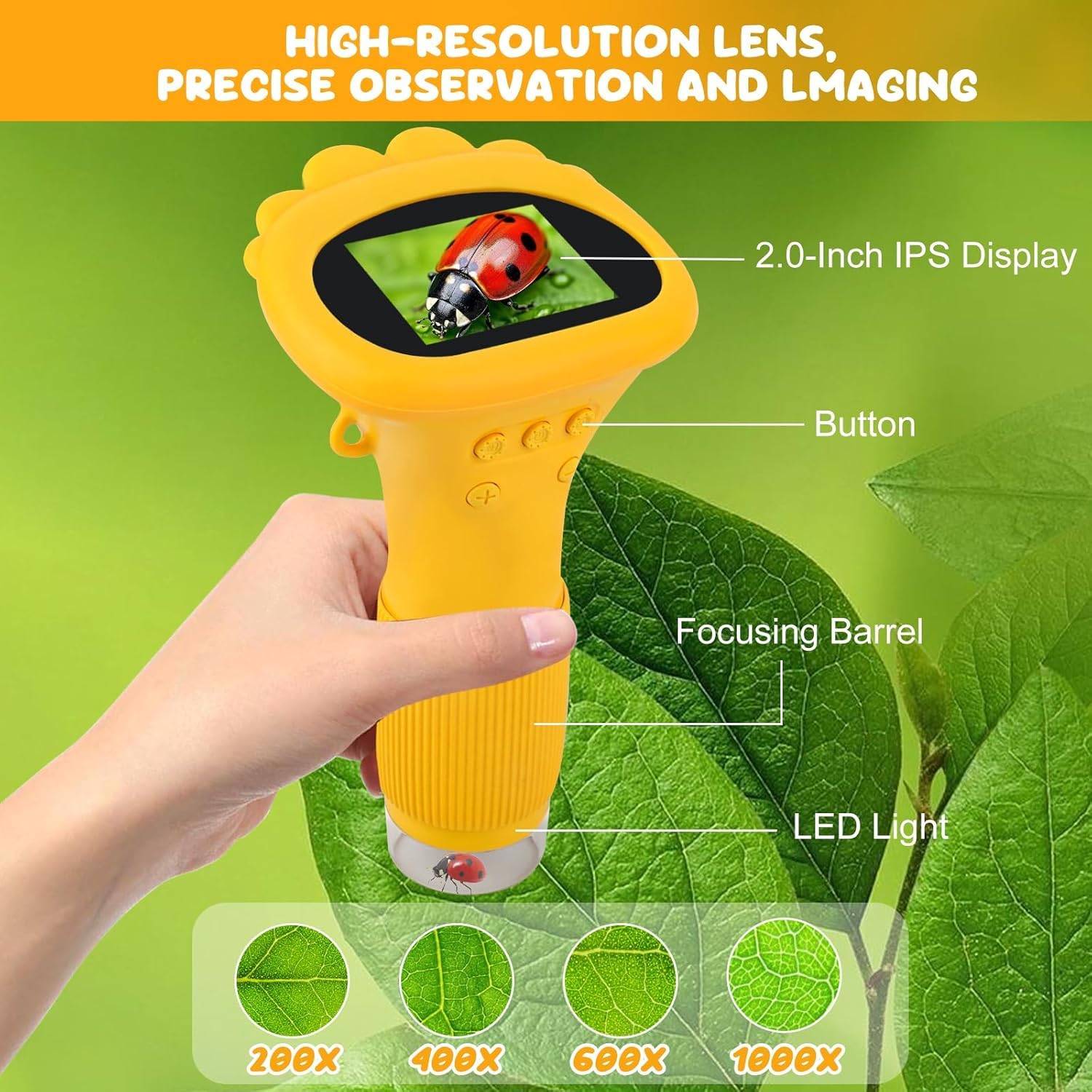 Talifoca Microscopio Portatile per Bambini, 1000x Zoom, Schermo IPS HD da 2 Pollici, LED, USB, Platica, Giallo
