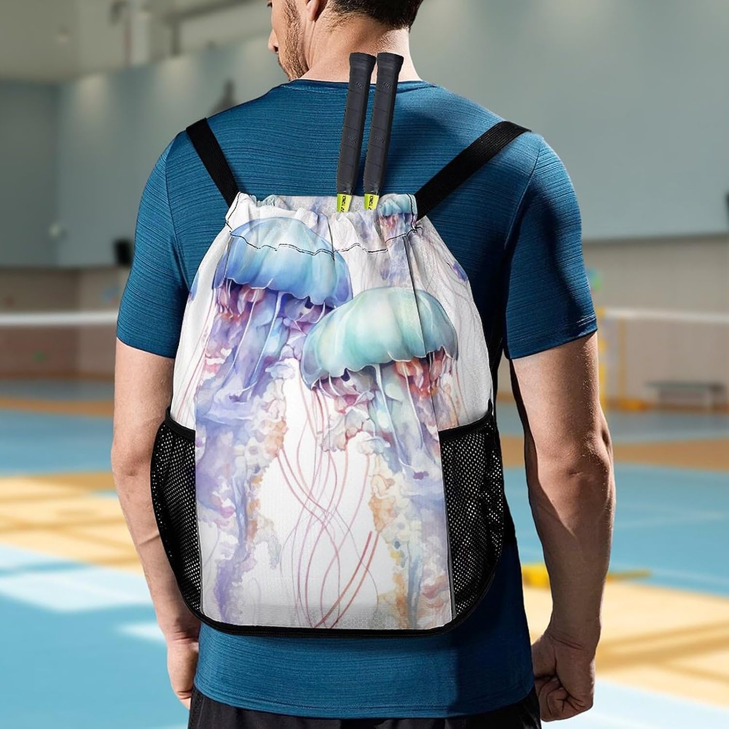Small Gym Bag Watercolor 3D Jellyfish Printed Drawstring Gym Bag for Men Lightweight Waterproof Drawstring Backpack for Women with Shoe Compartment for Travel Tourism Work And Fitness