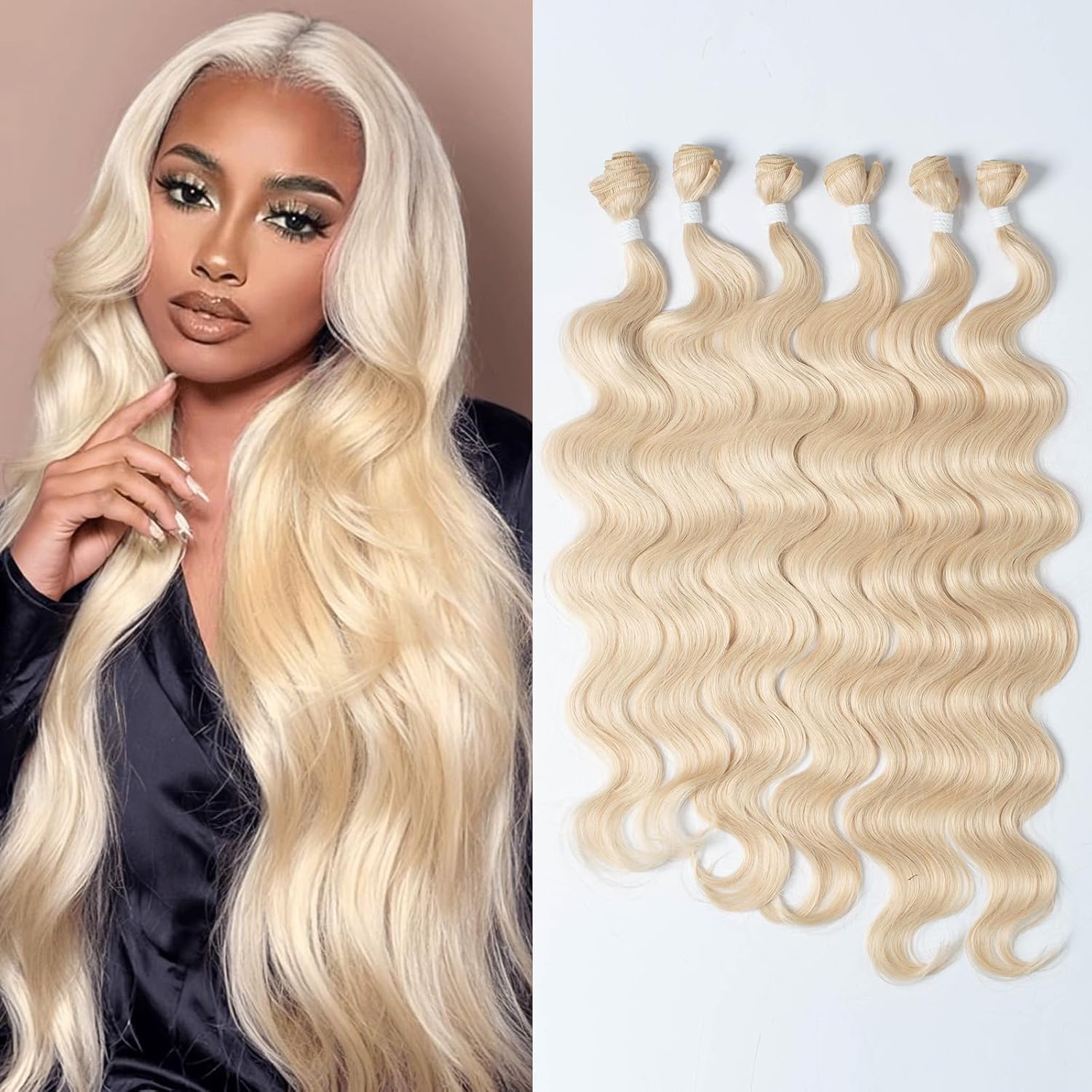DÉBUT Body Wave 6 Bundles Blonde Synthetic Hair Long Wavy Hair 22 24 26 Inches 6Pcs High Temperature Fiber 300g for Full Head Synthetic Hair Weave Light Blond Color