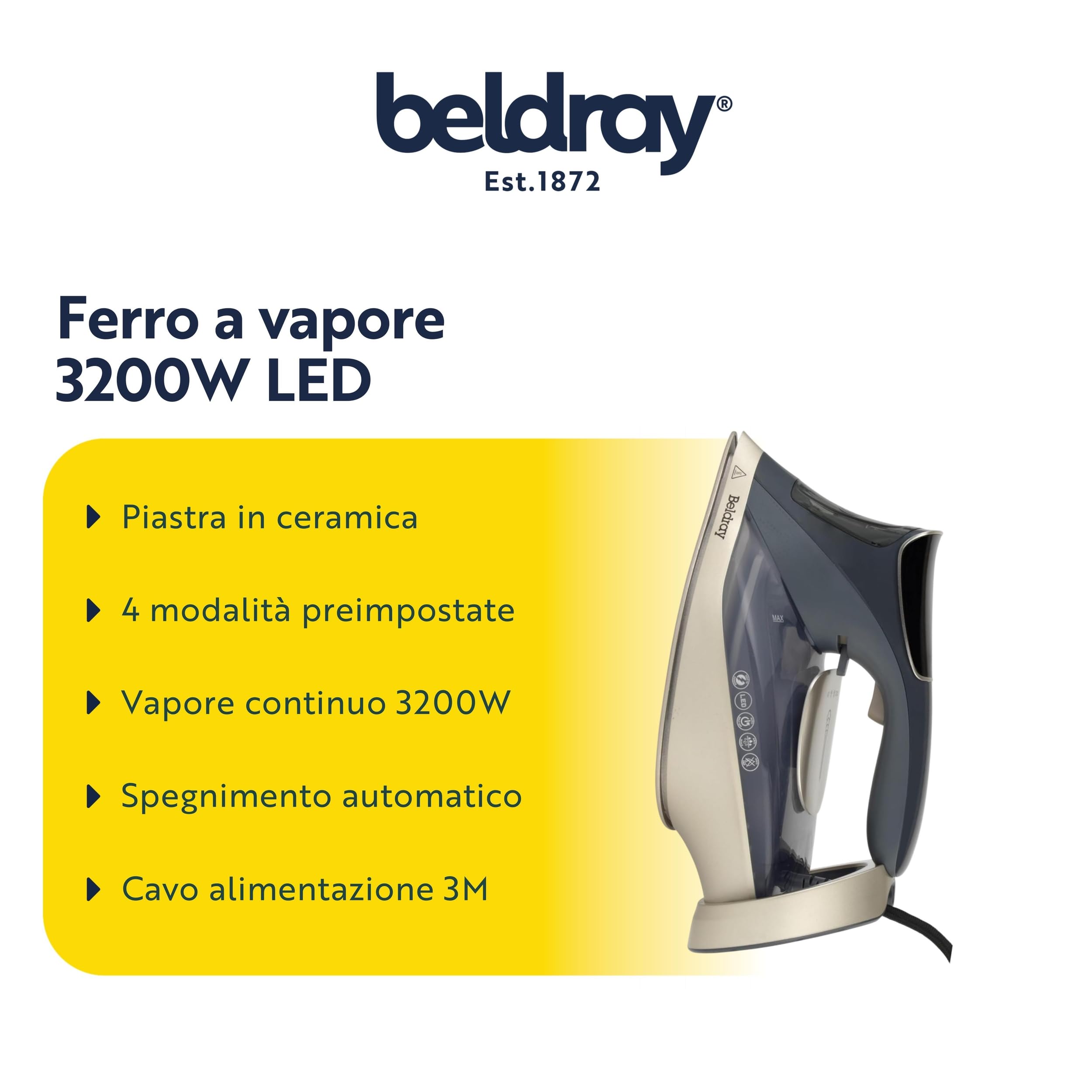 Beldray Ferro a stiro vapore digitale 3200 W, piastra ceramica, 4 modalità | Touchscreen LED, autospegnimento, autopulizia anticalcare, funzione antigoccia, serbatoio 380 ml, cavo 3 m