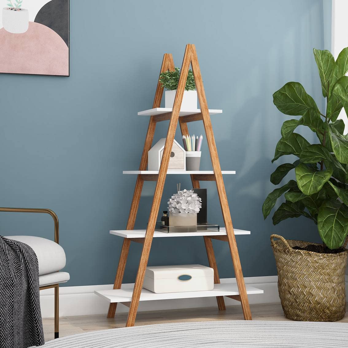 AHAQUSolid Bamboo Wood Oxford “A”Frame Ladder Display Bookshelf