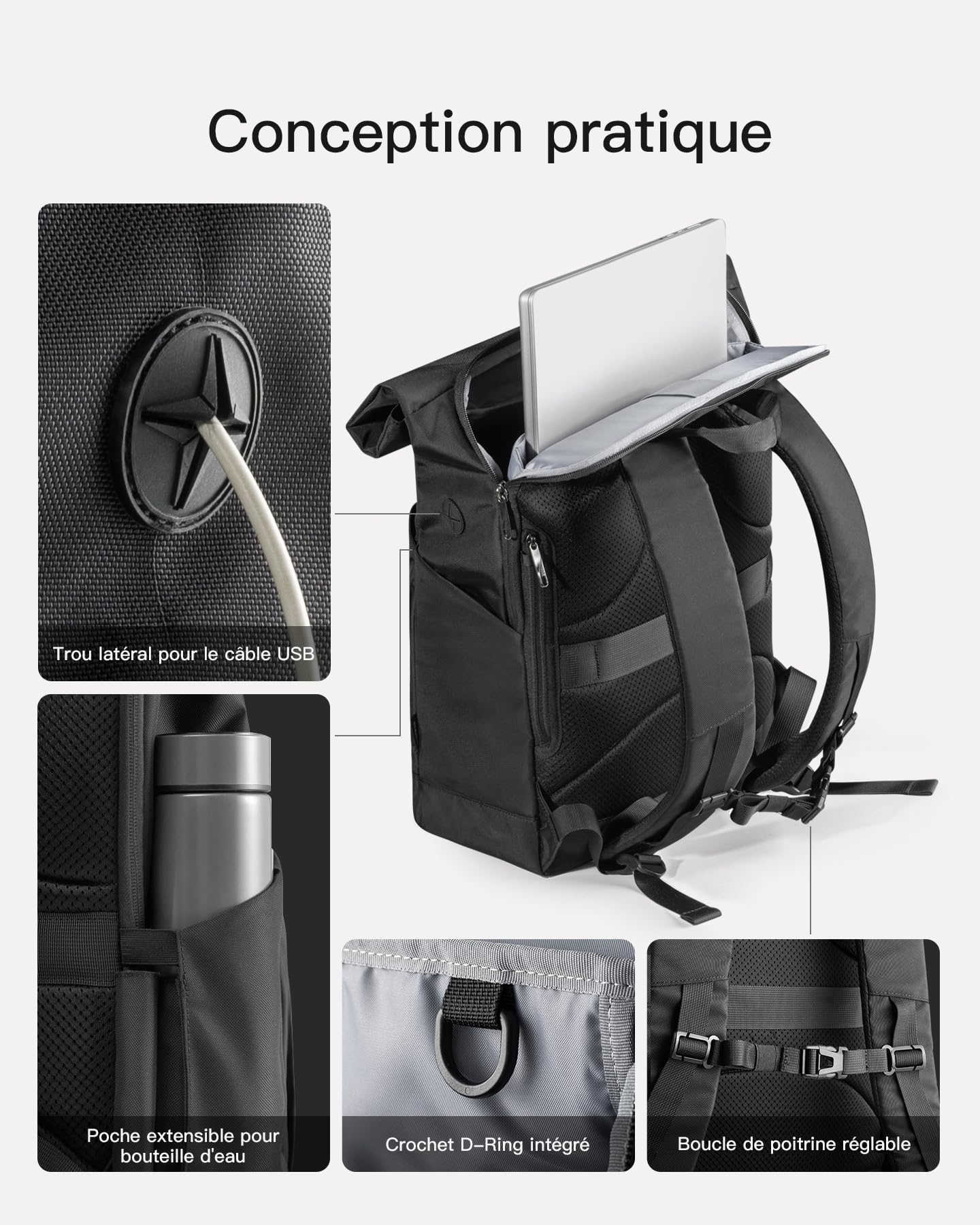 Inateck Sac à Dos Loisir Enroulable Femmes Homme 25L-30L Extensible pour Ordinateur Portable 17.3" avec Port pour Ecouteurs/Chargeurs et Compartiment à Chaussures Séparé