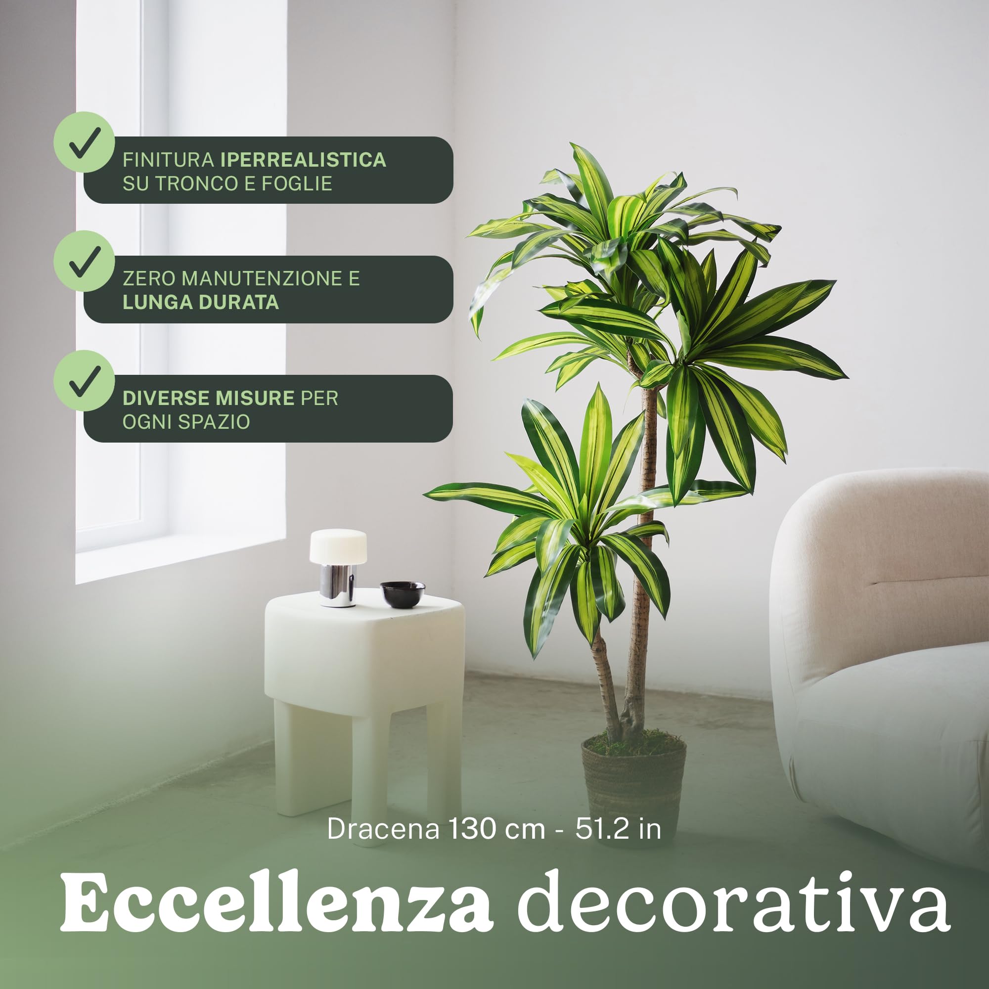 MAIA SHOP Dracaena artificiale 120 cm, pianta finta decorativa iperrealistica, albero tropicale per casa ufficio hotel e interni coperti