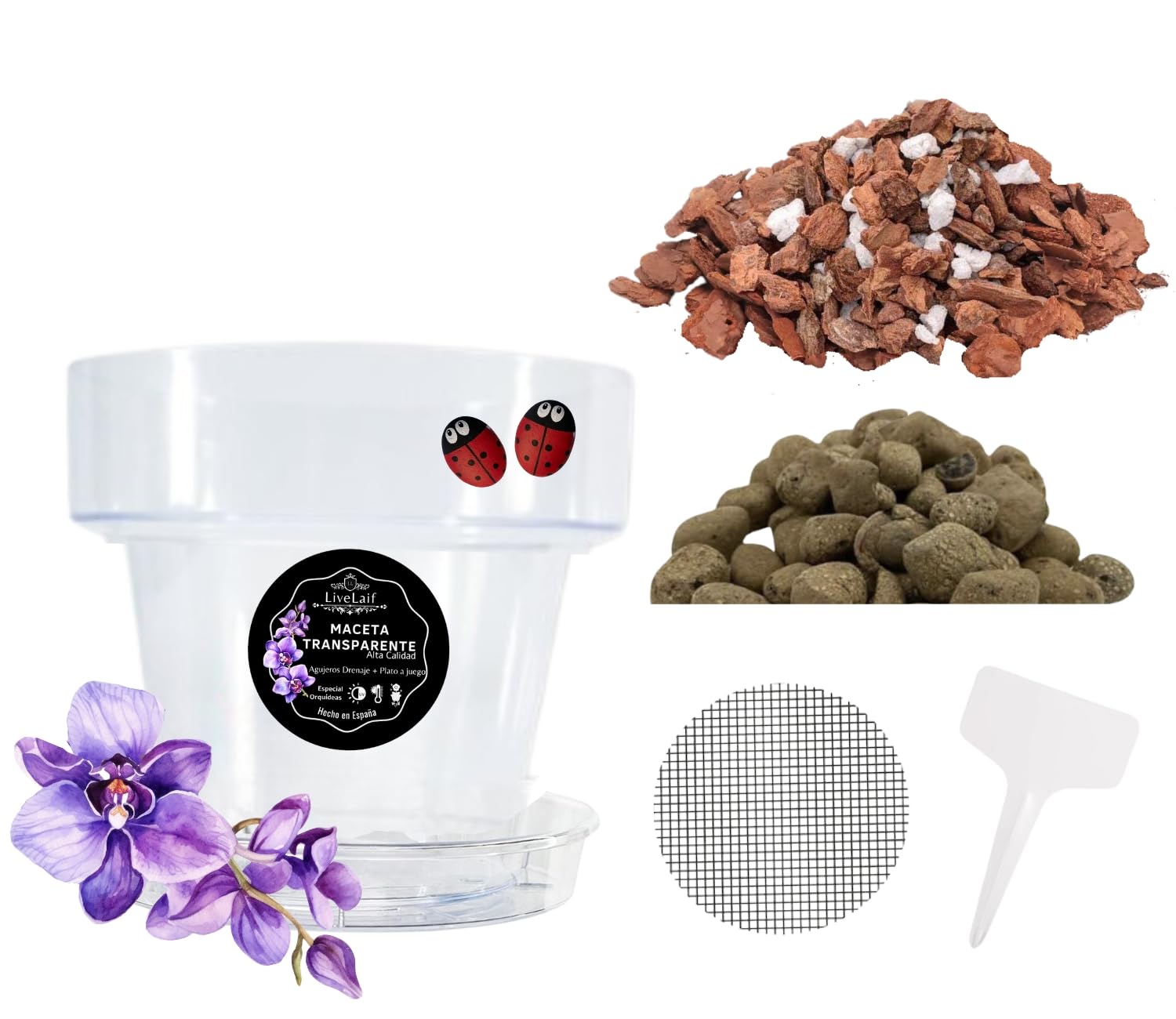 LiveLaif® Kit Transplante Orquideas: 1 Maceta Transparente Ø15 cm (Agujeros y Plato) + Sustrato Corteza de Pino Selecta (con Perlita y vermiculita), Arlita Expandida + Malla + Etiqueta (Ø15 cm, 1)