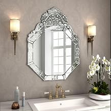 Alfa Design Venetian Wall Mirror 32x24 Inch with Crown Arch Top & Floral Etched Design | Frameless Beveled Handmade Vintage Royal Victorian Decorative Mirror for Vanity, Entryway, Living Room, Bedroom