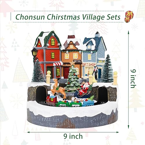 Miniatura 2 de Juego de pueblo de Navidad de 9 pulgadas, tren de árbol de Navidad animado en movimiento, baterías USB/3AA, casa de pueblo de música, decoración