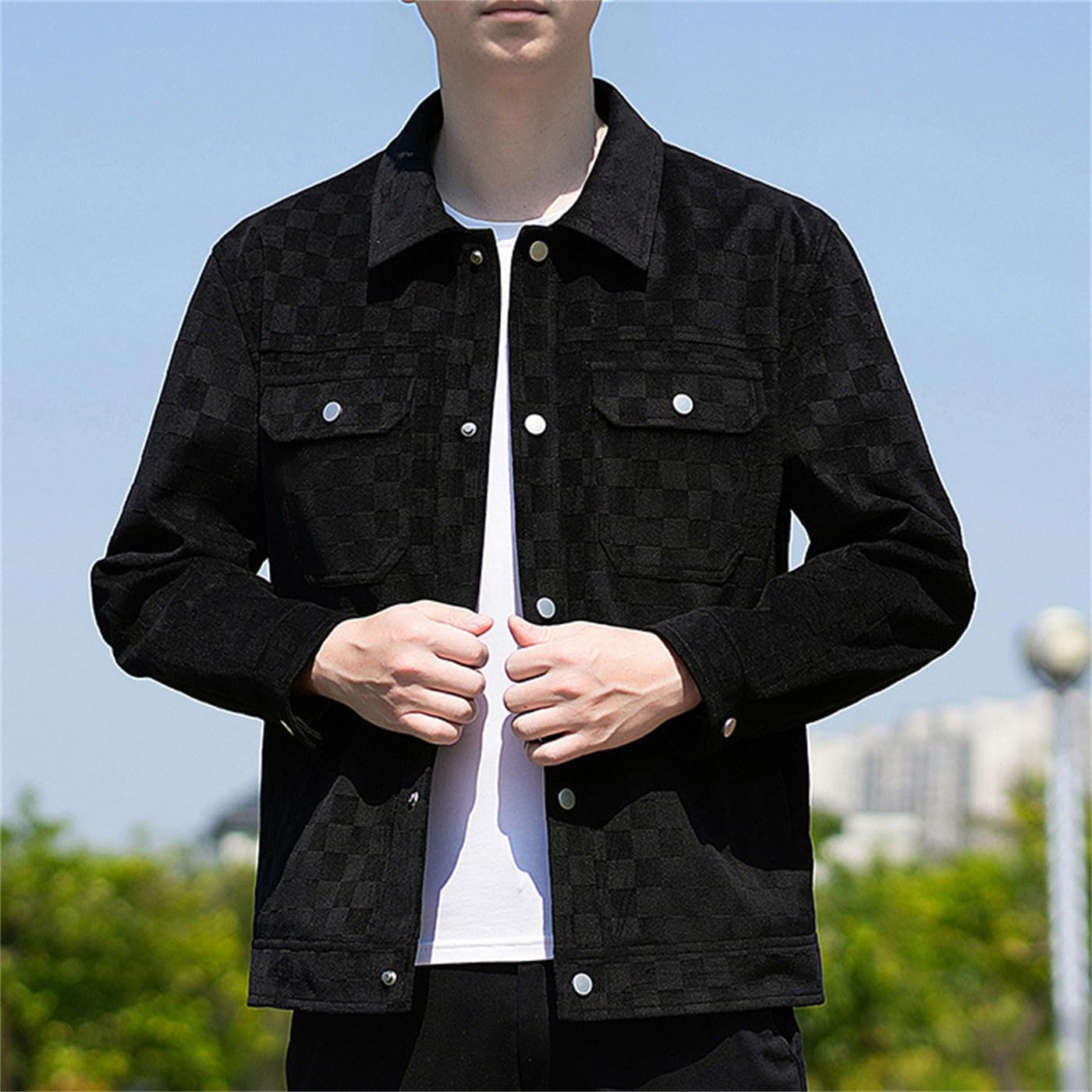 Men's Suede Velvet Checkerboard Pattern Jacket Fall and Winter Business Casual Button Down Jackets Coat
