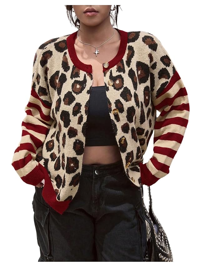 Womens Plus Size Leopard Cardigan Cheetah Long Sleeve Crew Neck Button Down Knitted Sweaters