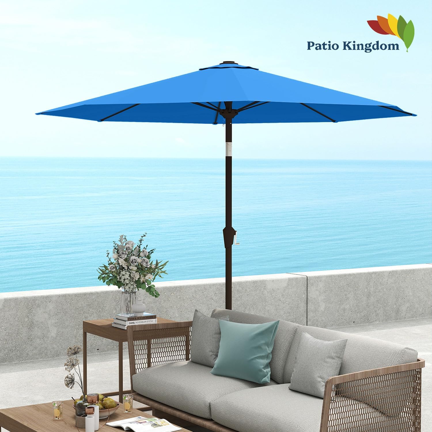 9FT Patio Umbrella with Fiberglass Ribs, Outdoor Market Table Umbrella with Crank and Tilt, UV Resistant Waterproof Canopy for Patio, Garden, Deck, Pool, Royal Blue