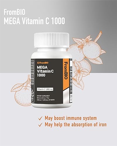 Miniatura 5 de FromBIO Mega Vitamina C 1000 (60 tabletas, 60 días) - Suplemento de vitamina C de alta potencia para toda la familia. Apoyo inmunológico, protección