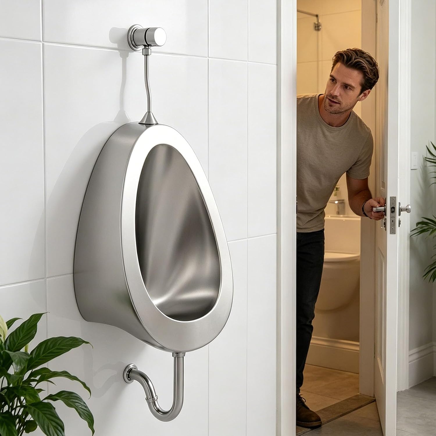 Male 304 Stainless Steel Manual Flush Valve Urinal, Home Wall Mounted Anti-Overflow/Flushing Urina with Drainage Kit, Commercial Barn Urinal Sinks(Floor Drain)