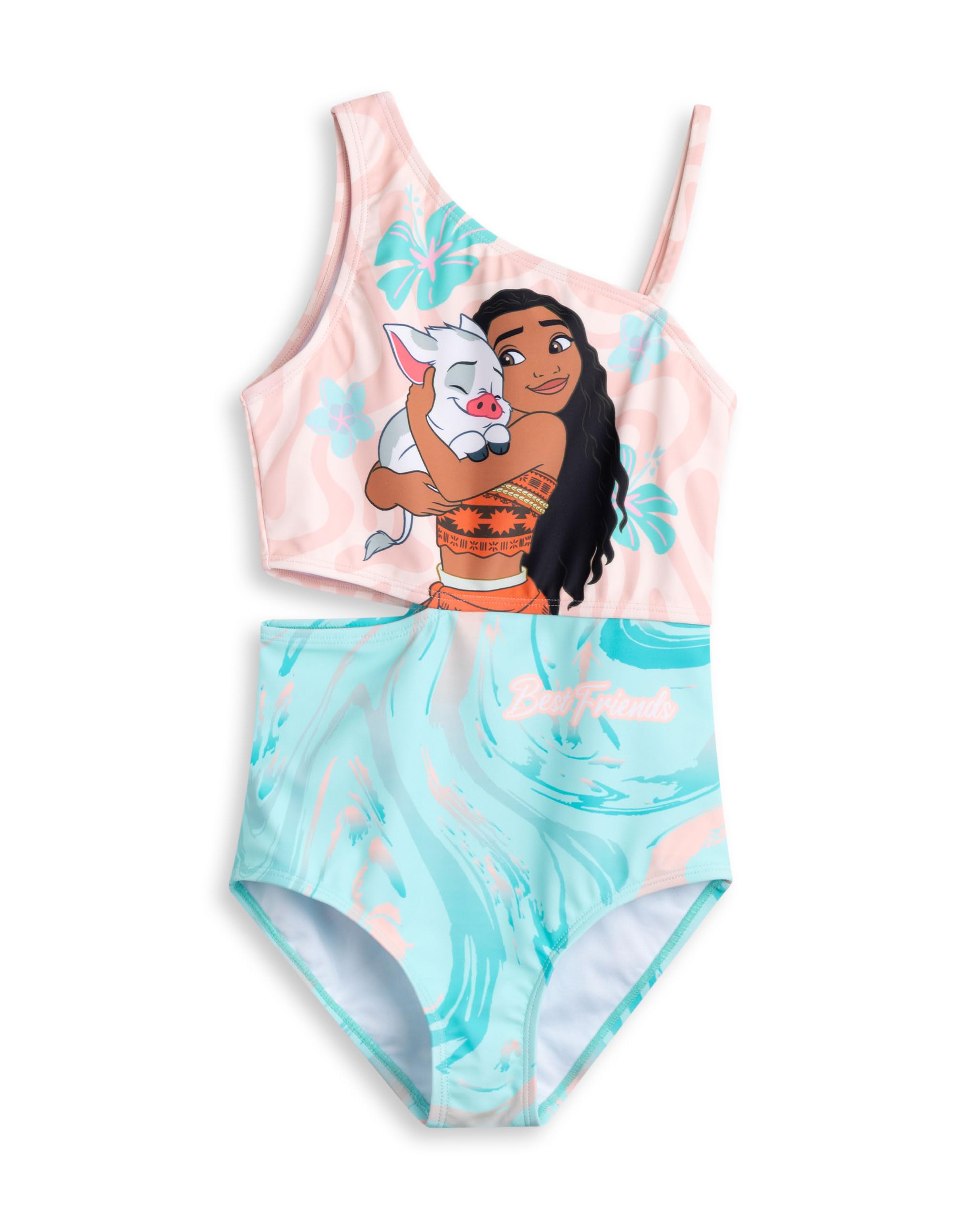 Disney Moana Girls Pink and Turquoise Swimming Costume | Best Friends Floral Wave Design Swimwear Asymmetrical Beachwear