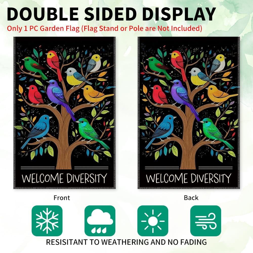 Welcome Diversity Garden Flag Yard Decoration Gifts, Double Sided Farmhouse Outdoor Lawn Decor Yard Flag, Funny Rainbow Diverse Birds Welcoming Sign, Unity Equality Community Pride Flags - Image 3