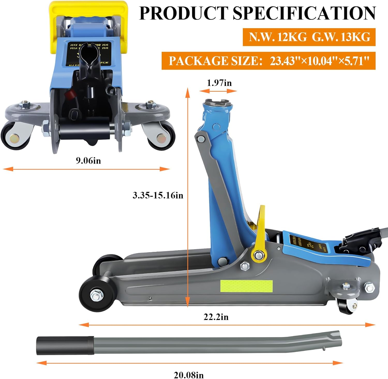 Larbanke 2.5T Floor Jack, Capable of Lifting from 3.35 Inches to 15.16 Inches, with Portable Handle Suitable for Safe Night Use, Low Profile Hydraulic Jack with Adjustable Oval Handle, Blue