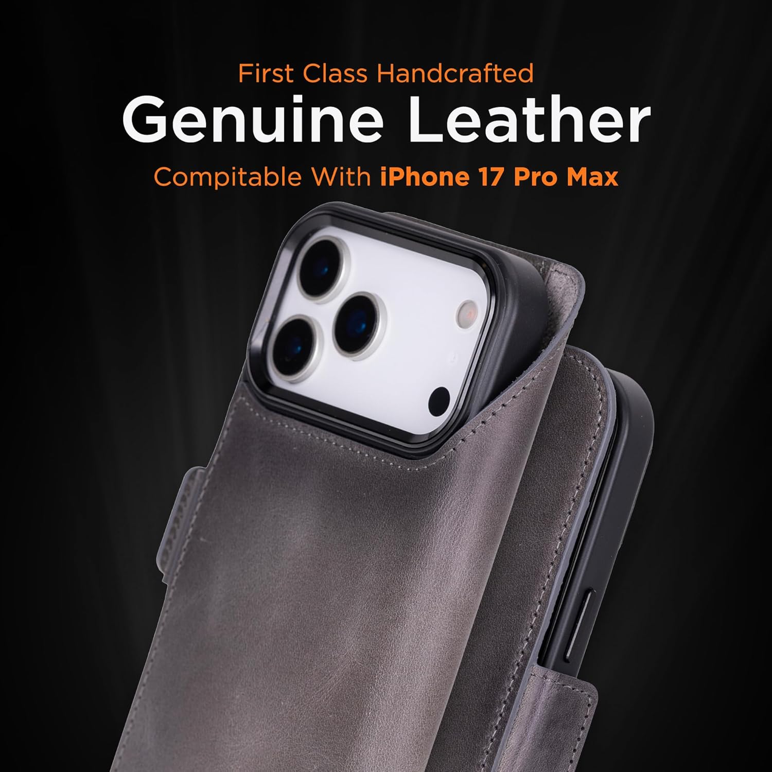 Bayelon Leather Wallet Case for iPhone 17 Pro Max 6.9", Flip Cover Card Holder, Genuine Leather Case, Kickstand Folio Case, MagSafe Compatible Shockproof Flip Cover, RFID Blocking -Smoked Black
