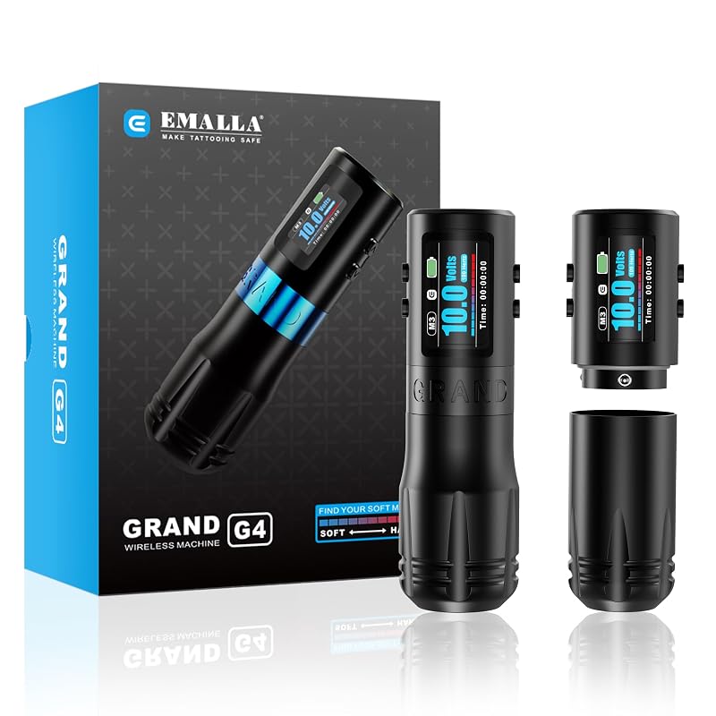 Máquina Caneta para Tatuagem sem Fio Emalla Grand G4, curso de 3,5 mm, motor brushless, tela LED e conexão RCA