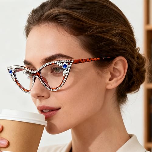 Miniatura 2 de ICARA Lentes de lectura con cristales brillantes y montura de ojo de gato retro con diamantes de imitación para mujer, lentes de computadora con