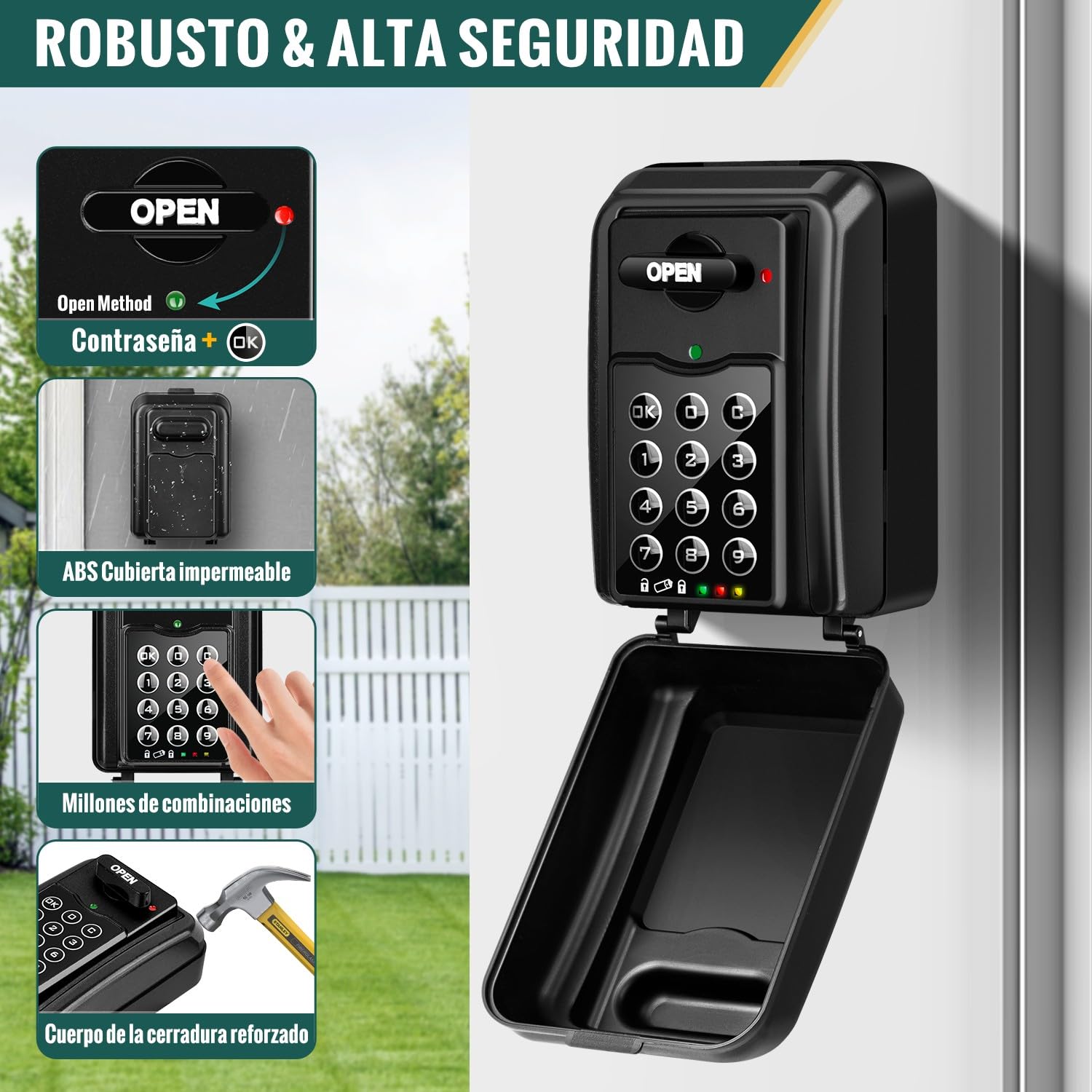 Caja de Seguridad para Llaves Exterior Impermeable | Antirrobo & Acceso de Gestión Avanzada | Grande Caja Fuerte Llave con Código 6 Cígitos Electrónica Pared Caja para Llaves Interior