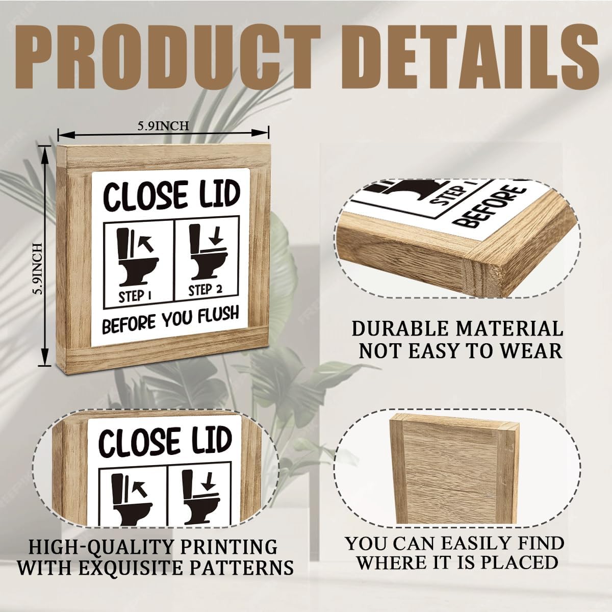Funny Bathroom Decor, Close Lid Before You Flush Wooden Box Sign, Decorative Wooden Block Sign for Toilet, Decorative Signs for Home Toilet Bathroom Shelf Table Top Desk 5.9X5.9X0.7 inches image 2